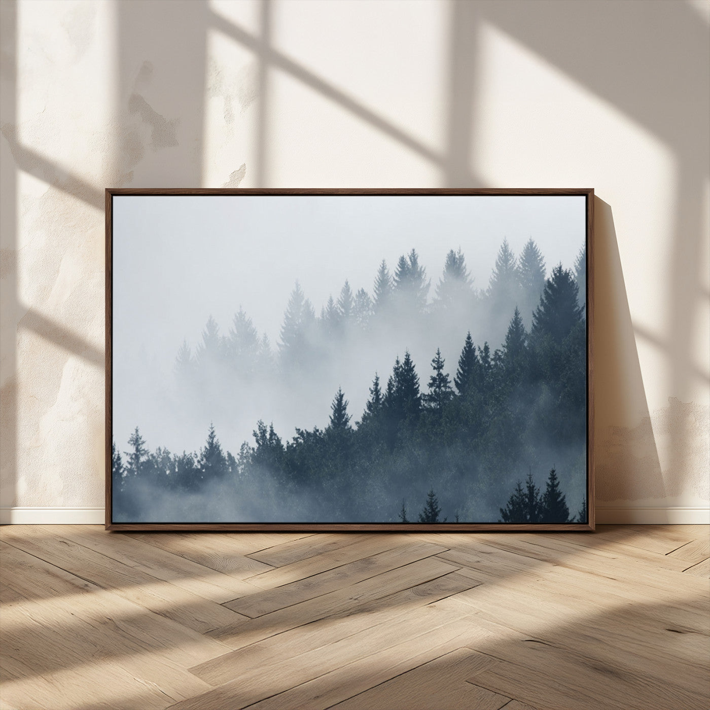 MGV-FC-36X24 - Misty Forest Wall Art Print – Foggy Pine Tree Canvas Print – Dark Woodland Nature Artwork – Perfect for Minimalist and Modern Home Decor