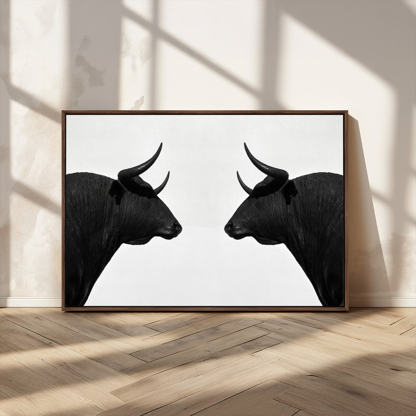 -Spanish Bull Art - Framed Black and White Bull Canvas Print for Modern Rustic Home or Office Decor