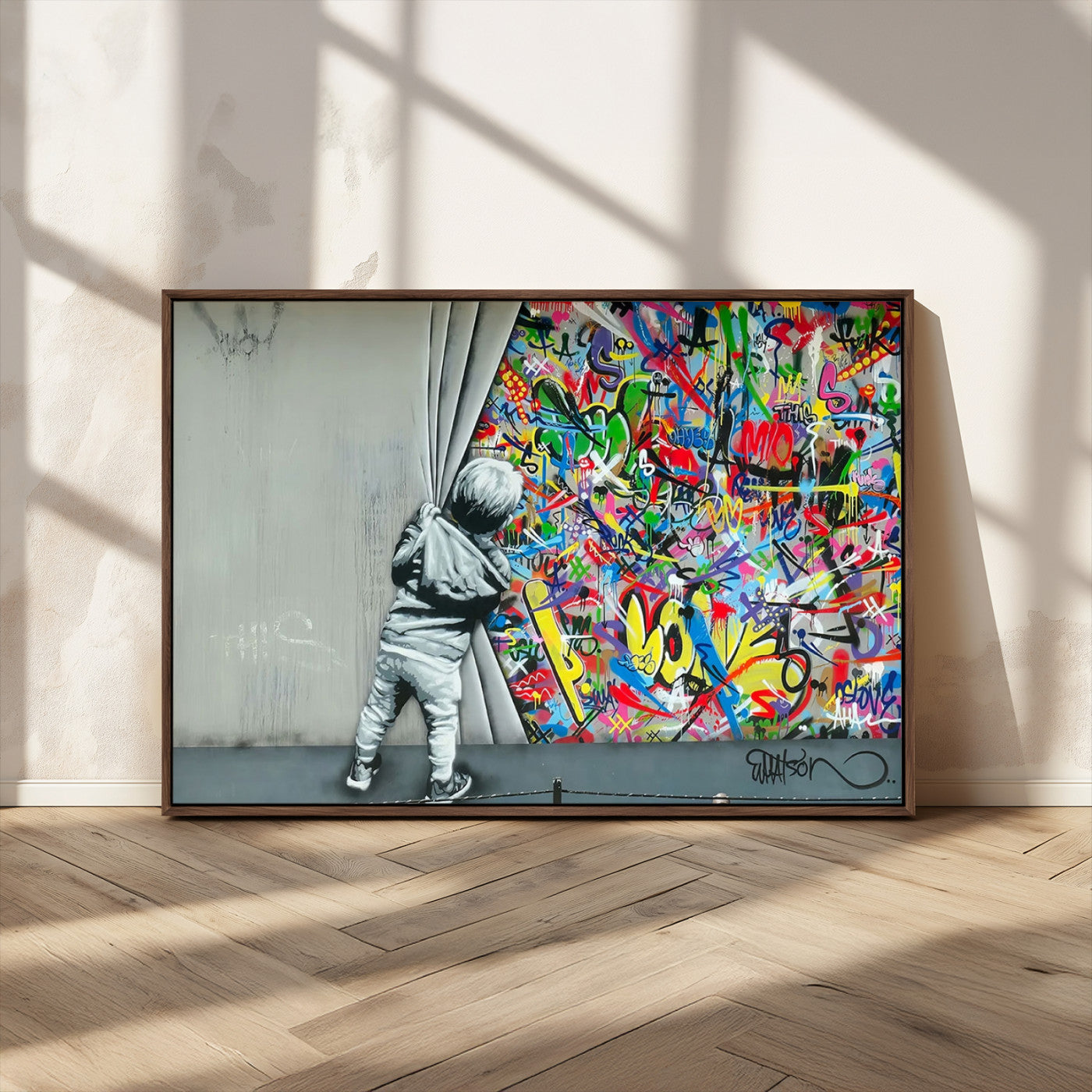 MGV-FC-36X24 - Banksy Colorful Street Graffiti Canvas Wall Art Print, Modern Art Triptych, Child and Graffiti Wall, Urban Art for Home or Office Decor