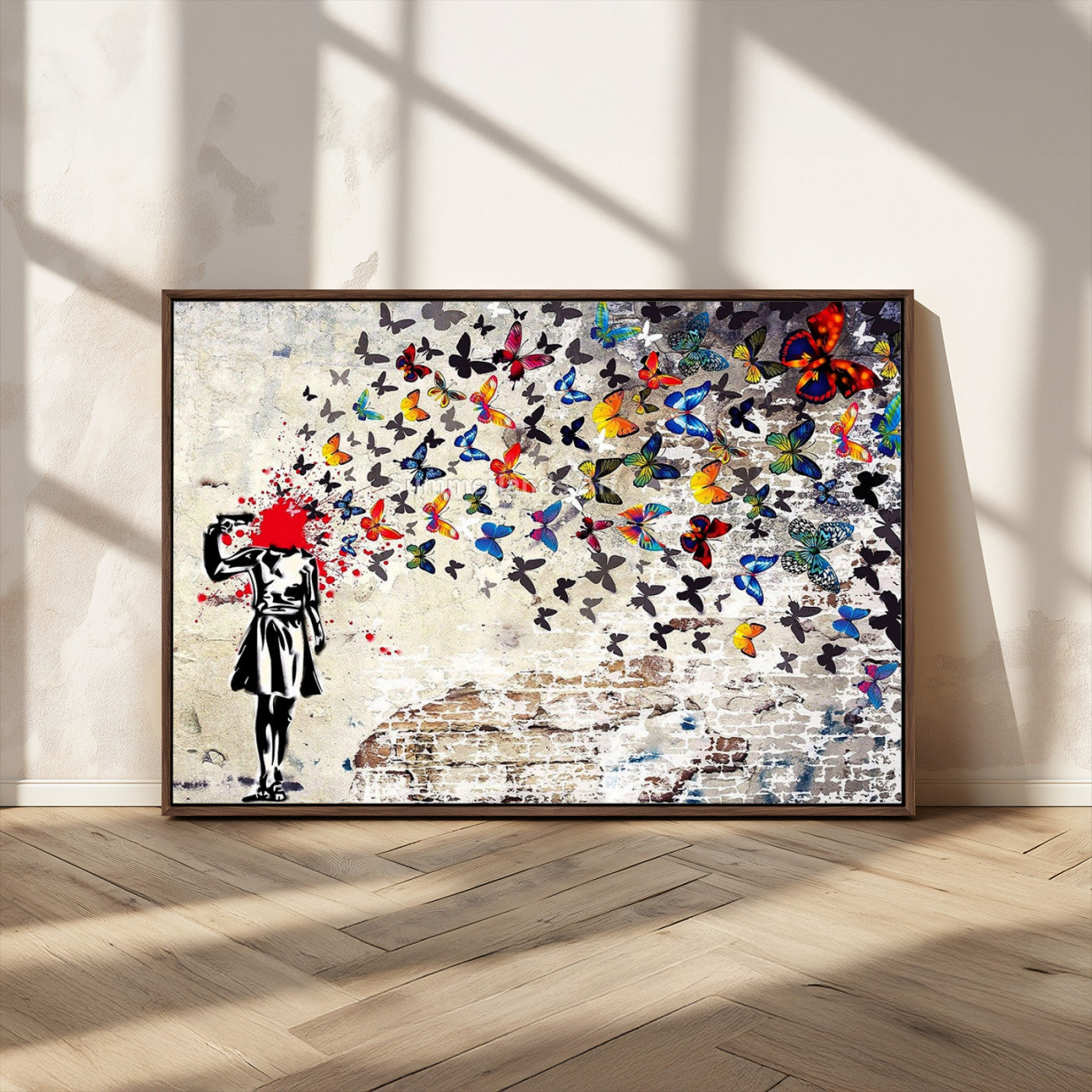 MGV-FC-36X24 - Banksy Art Butterfly Girl Explosion Canvas Art – Vibrant Urban Graffiti for Modern Interiors - Ready to Hang