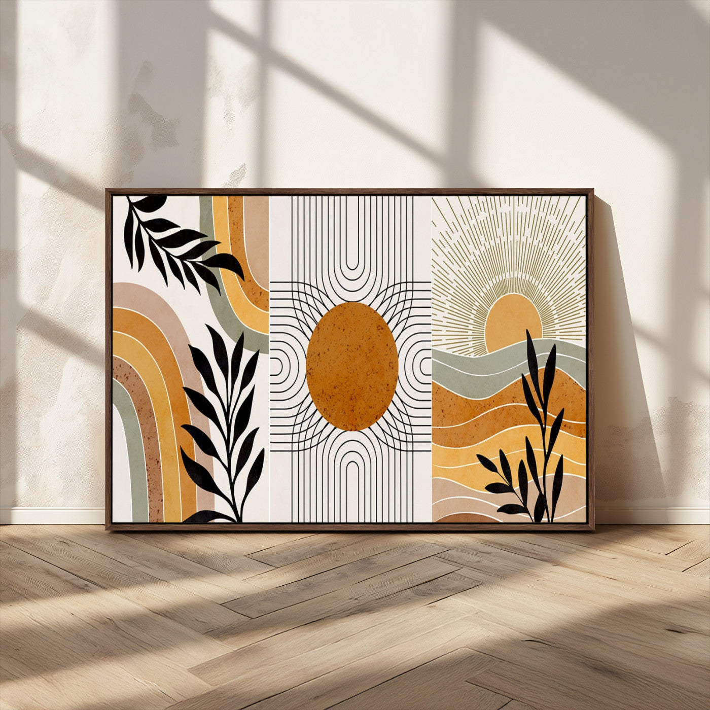 MGV-FC-36X24 - Modern Boho Sun and Leaf Abstract Art – 3-Panel Giclée Canvas for Mid-Century Modern or Bohemian