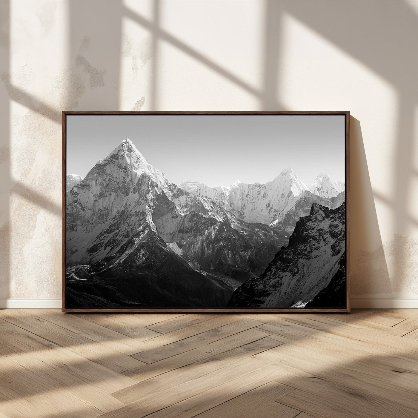 MGV-FC-36X24 - Everest Himalaya Mountain Peaks Black & White Triptych Canvas Art – Mountain Wall Decor for Minimalist Interiors