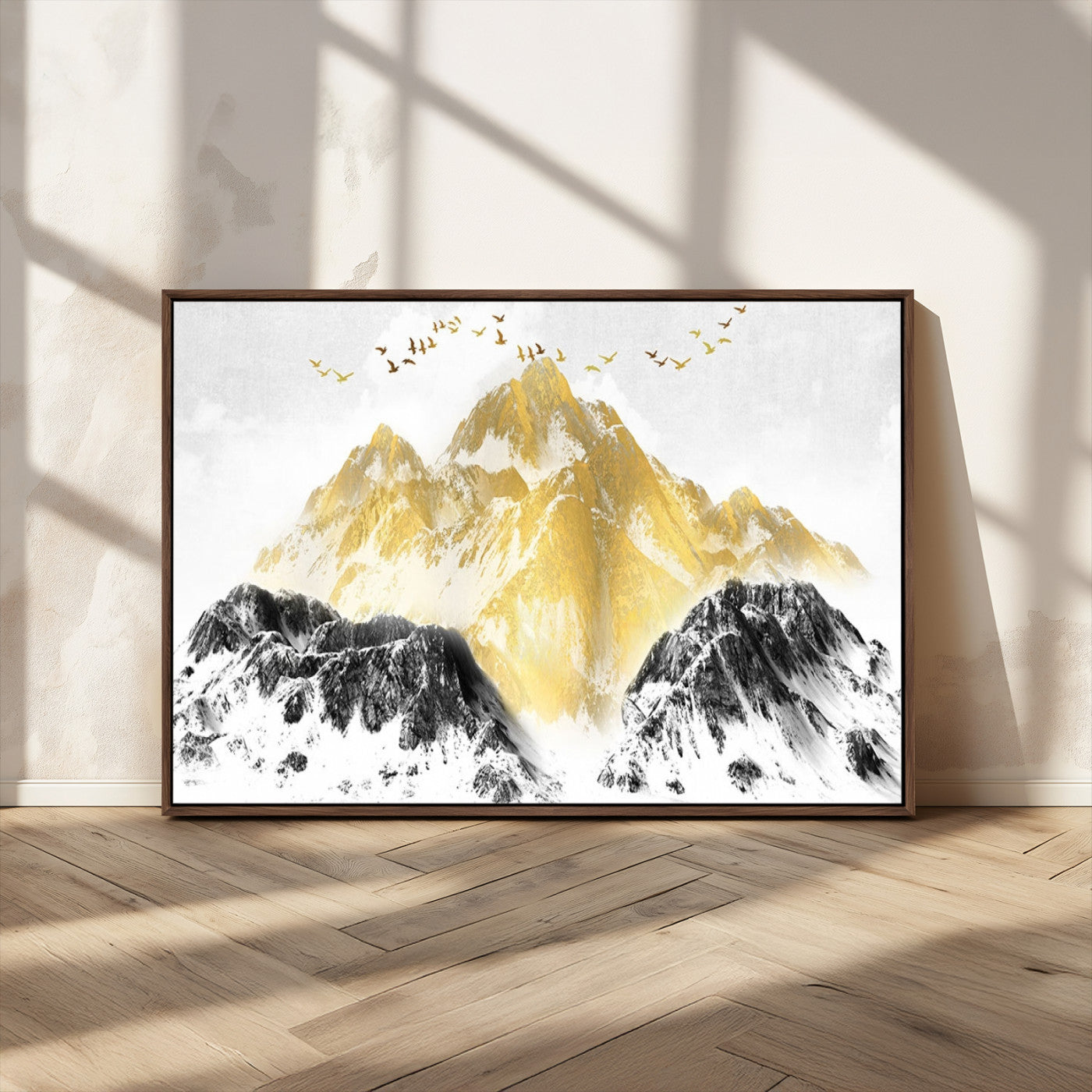 MGV-FC-36X24 - Golden Mountain Triptych Wall Art, Modern Giclee Canvas Print, Nature Landscape Decor for Living Room, Contemporary Gold and Black Wall Art