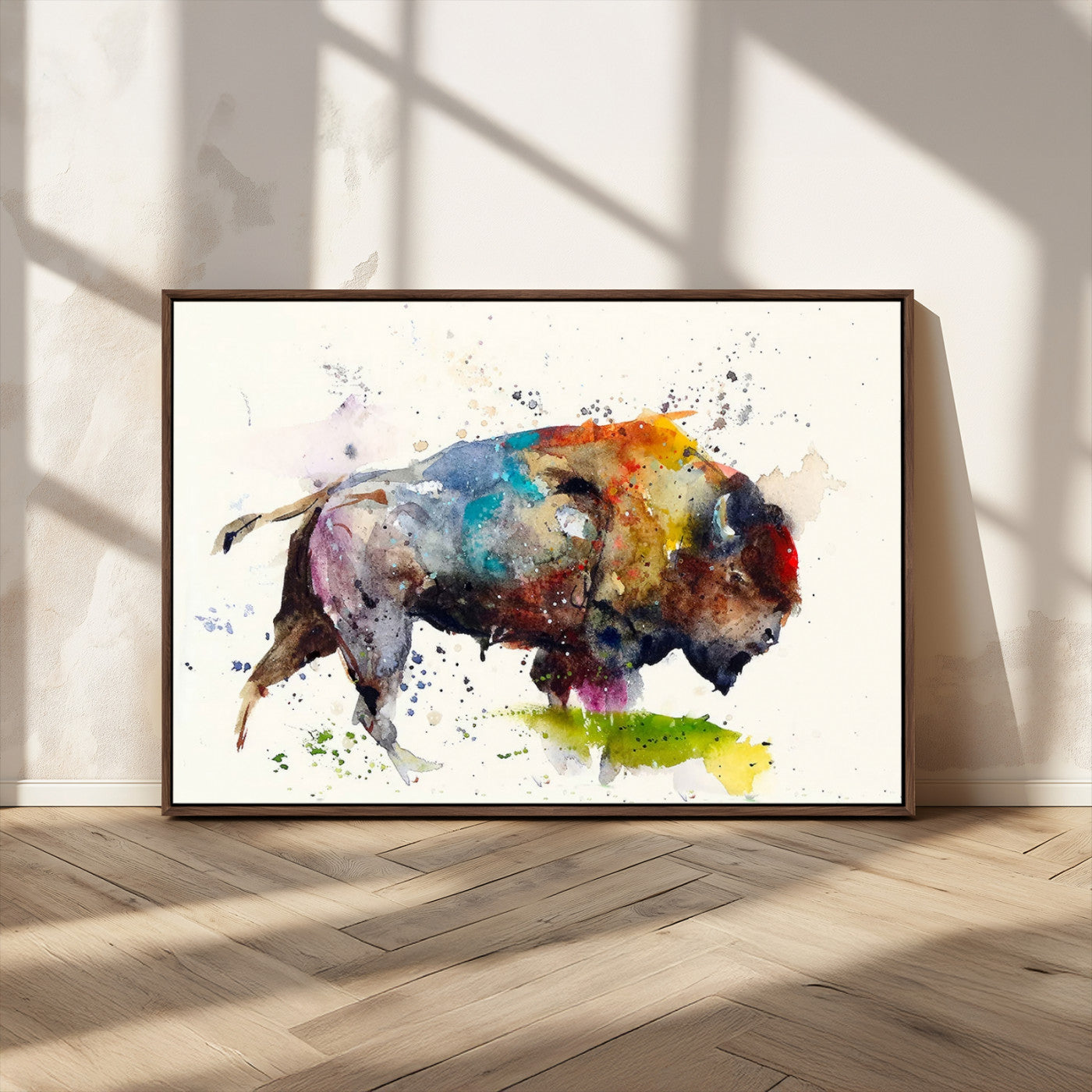 MGV-FC-36X24 - Abstract Buffalo Wall Art, Western Watercolor Bison Canvas Print, Rustic Buffalo Art for Cowboy and Western Decor, Large Multi-Panel Giclee Canvas