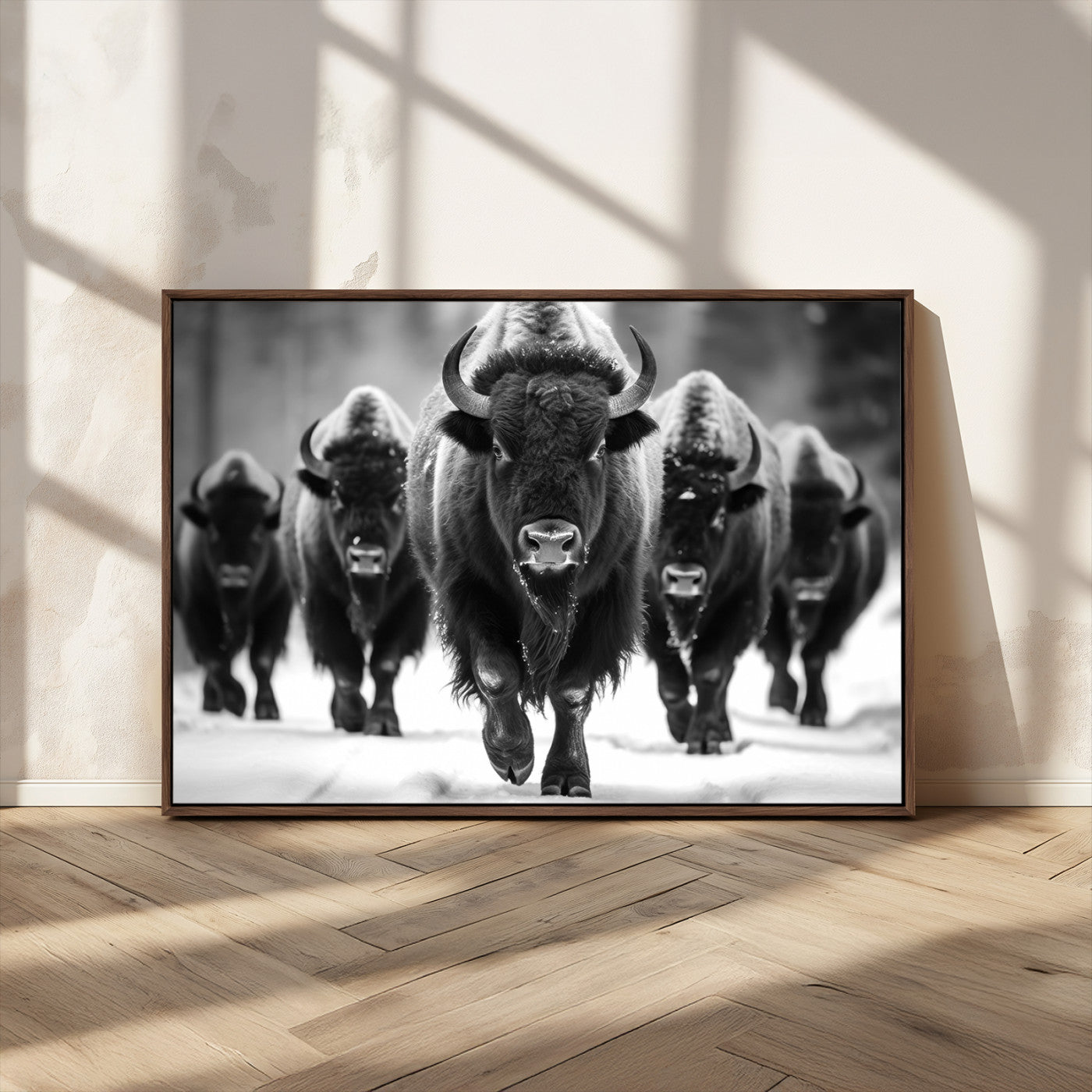 MGV-FC-36X24 - American Bison Art | Buffalo Herd Wall Art Canvas Print, BW American Bison Herd Wall Art Canvas Print