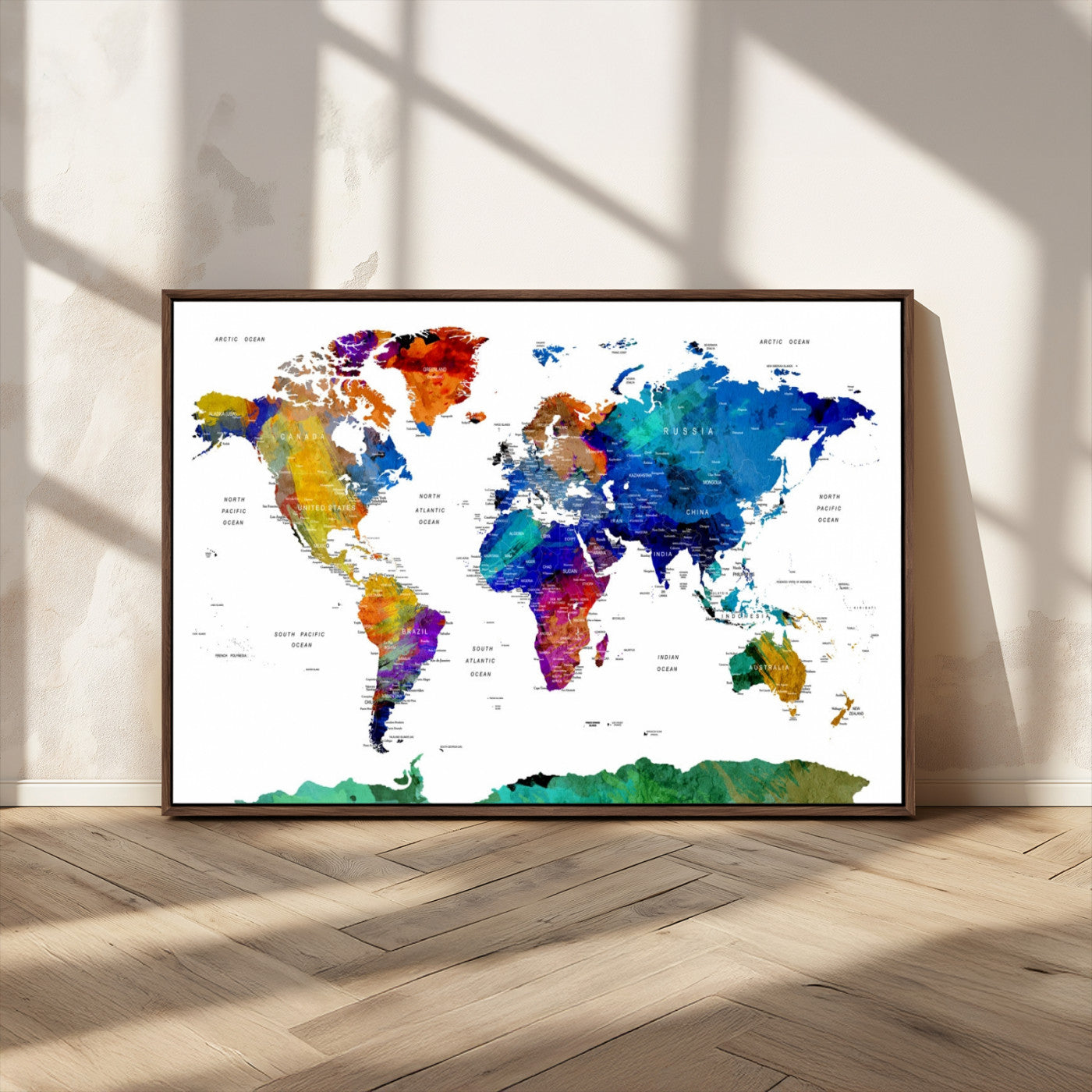 48979-MGV-FC-36X24_Walnut-Push Pin World Map Canvas Print – Framed Wall Art for Couples to Track Their Travels – Anniversary