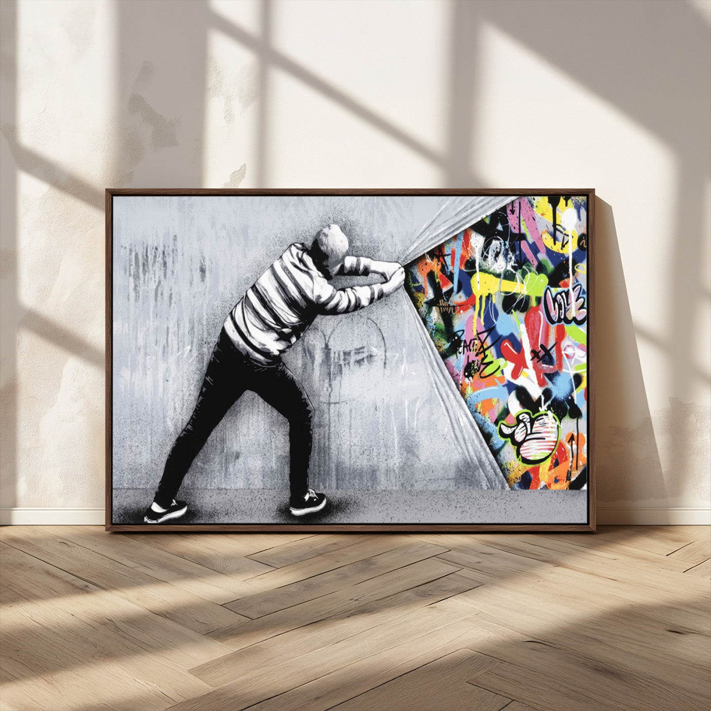 MGV-FC-36X24 - Banksy Art Behind the Curtain Street Wall Art Canvas Print | 3-Panel Urban Graffiti-Inspired Wall Art for Living Room or Office