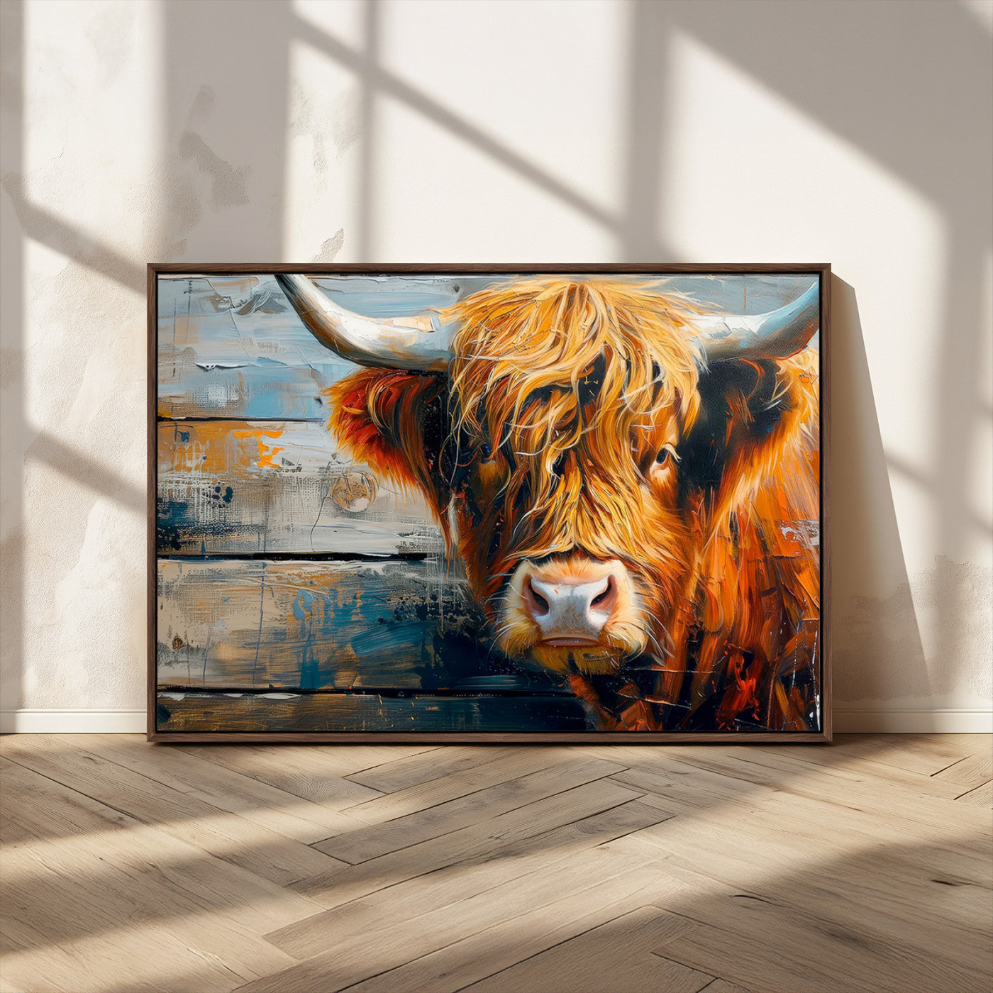 -Highland Cow Abstract Canvas Wall Art – Bold Farmhouse Rustic Decor – Ready to Hang