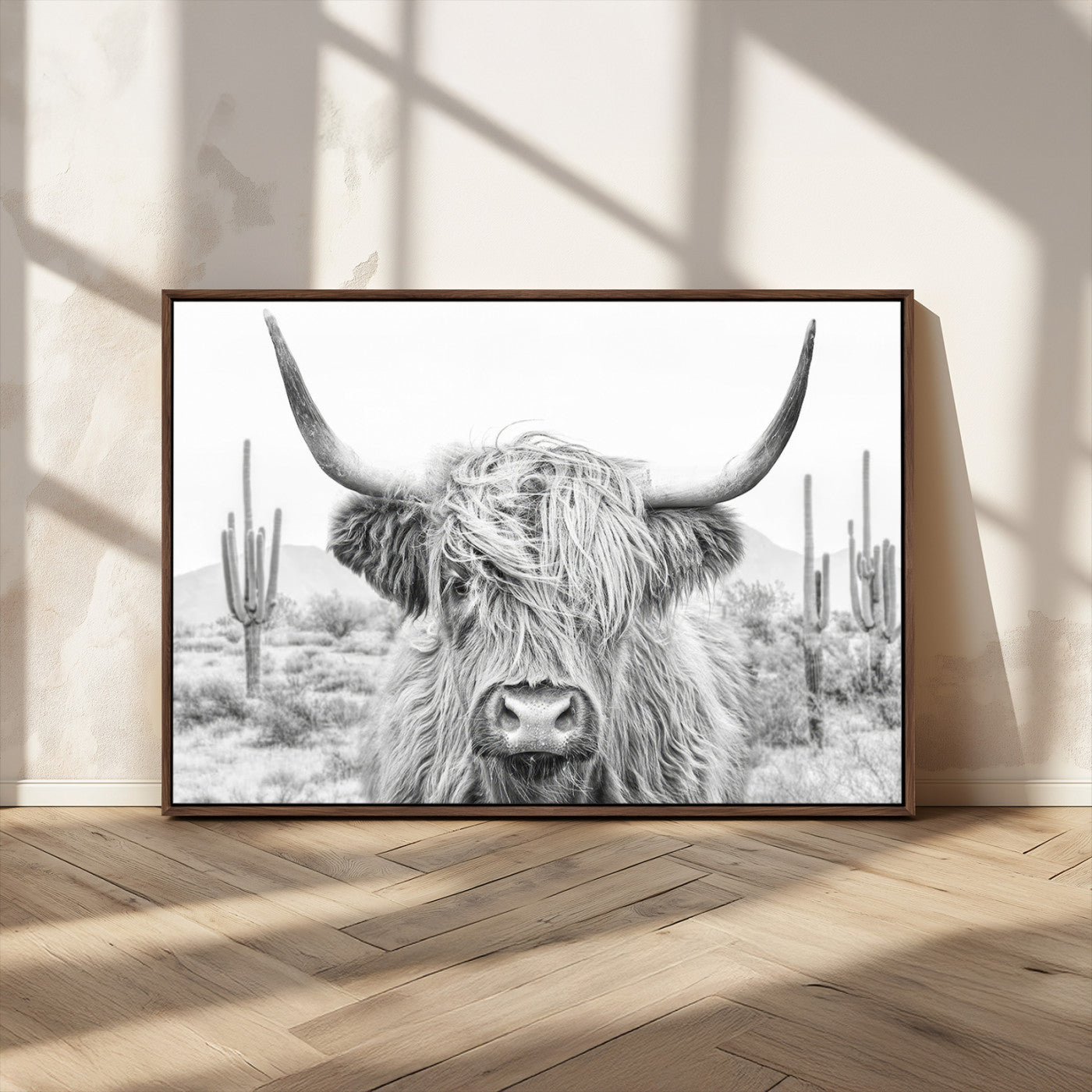 -Rustic Charm | Cow Longhorn Black White Bighorn Wall Art Canvas Print | Farmhouse Wall Art