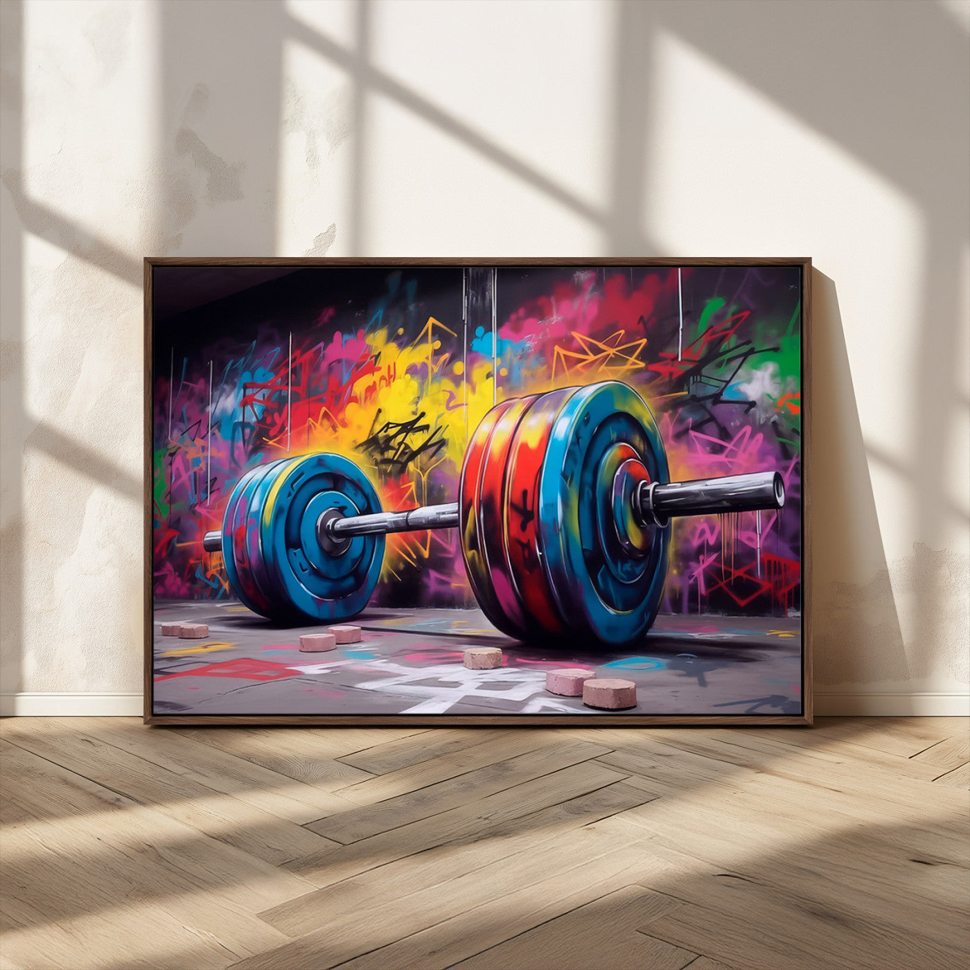 MGV-FC-36X24 - Abstract Graffiti Barbell Canvas Wall Art – Urban Fitness Meets Bold Street Art Print - Gym Wall Art Print