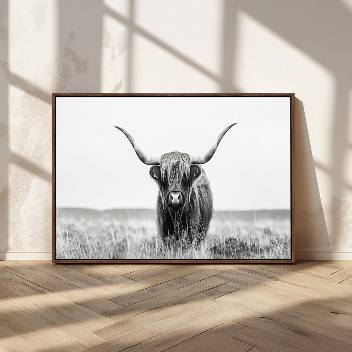 MGV-FC-36X24 - Highland Cow Canvas Wall Art – Majestic Beauty in Black and White