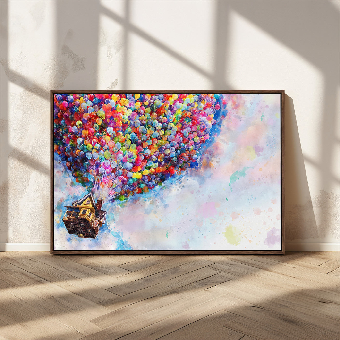 MGV-FC-36X24 - Don't Look Up Movie Canvas Wall Art - Vibrant Floating House and Balloons Scene, Tribute to Iconic