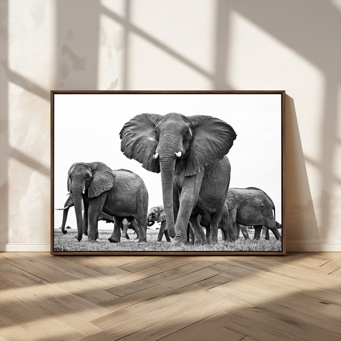 MGV-FC-36X24 - Black White Elephant Family Wall Art Canvas Print