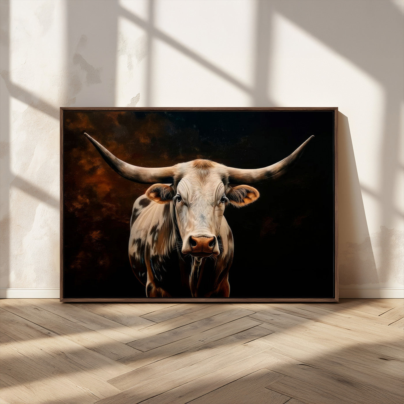 MGV-FC-36X24 - Texas Longhorn Wall Art | 3-Panel Large Texas Longhorn Canvas Print for Living Room, Office, or Farmhouse Decor | Framed Giclee Longhorn Wall Art