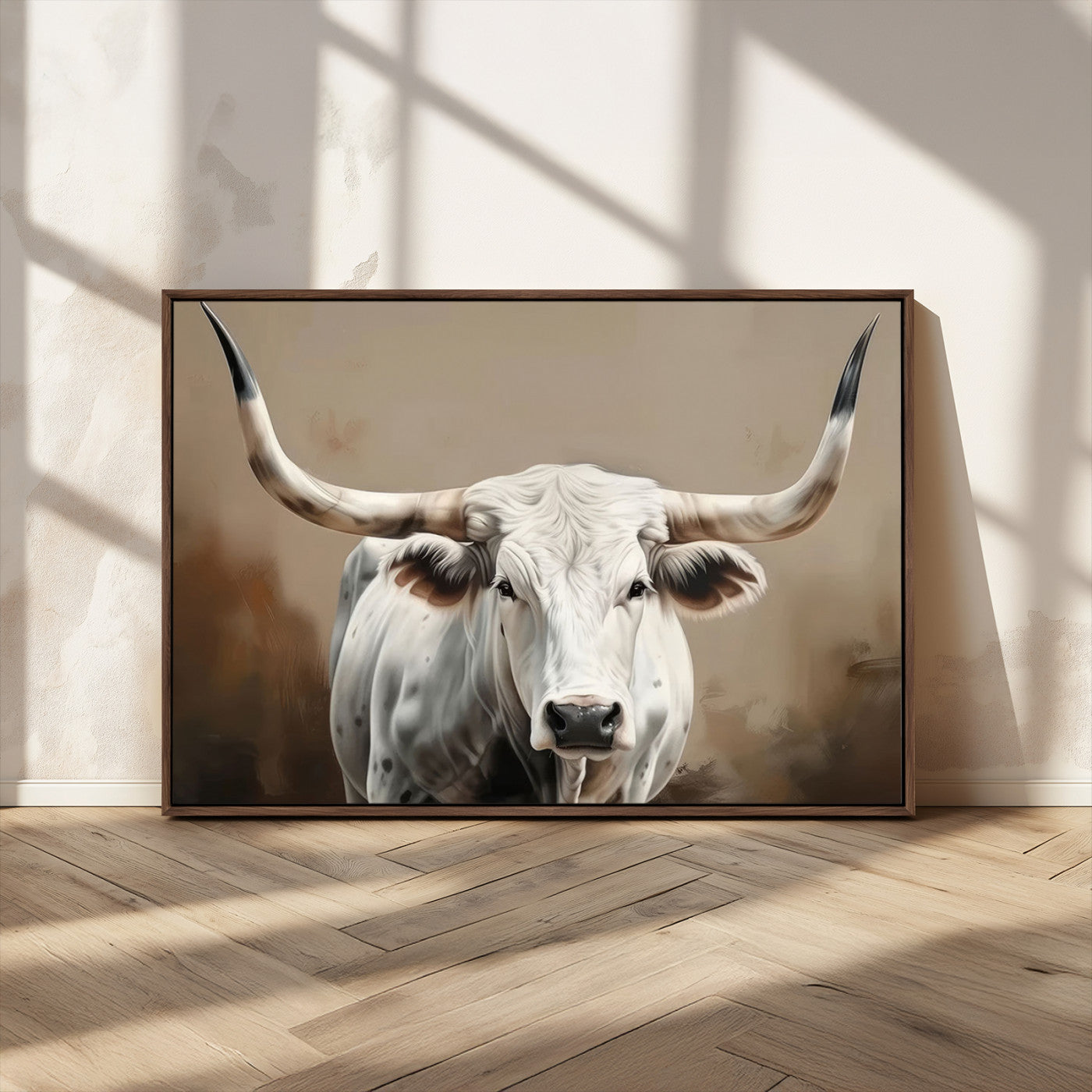 -White Longhorn Bull Wall Art Canvas Print – Framed and Ready to Hang – Perfect for Farmhouse and