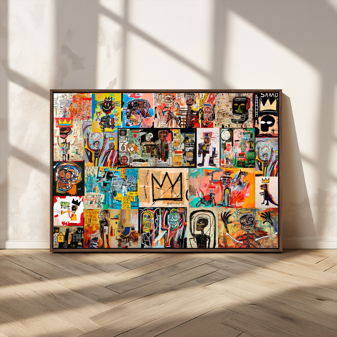 MGV-FC-36X24 - Basquiat Art Collage Wall Art Canvas Print – Framed, Ready to Hang, Urban Graffiti Style