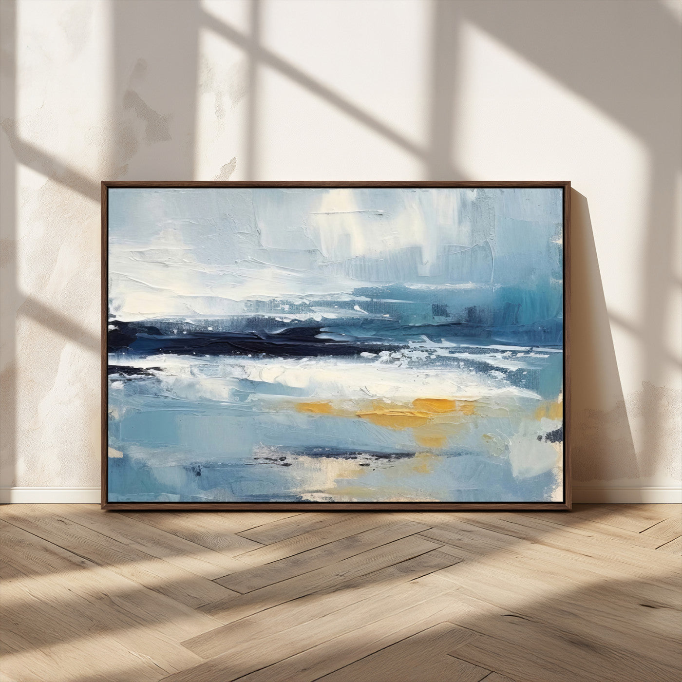 MGV-FC-36X24 - Abstract Ocean Canvas Wall Art - Coastal Blue and Gold Textured Painting, Modern Seascape Decor for Living Room Decor