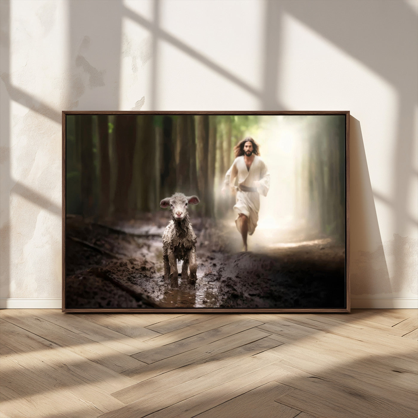 MGV-FC-36X24 - Jesus Canvas Wall Art - Jesus Running After Lost Lamb, Jesus, Christian Home Decor - Church Wall Art
