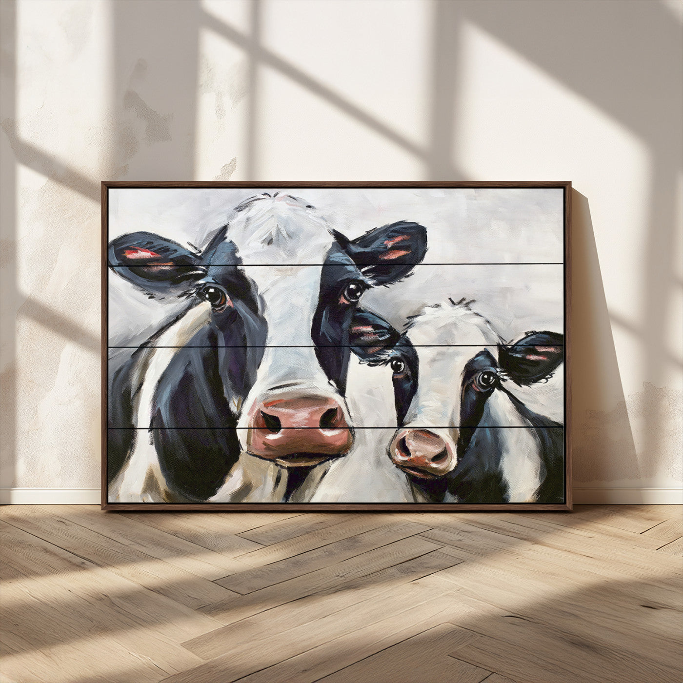 -Vintage Baby and Mom Cattle Wall Art Canvas Print