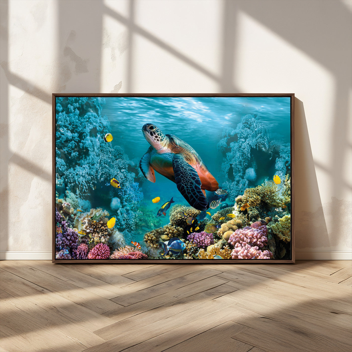 MGV-FC-36X24 - Sea Turtle and Coral Reef Triptych Wall Art – Vibrant Underwater Scene Canvas Set for Ocean Lovers and Coastal Decor – Ready to Hang 3-Panel Artwork