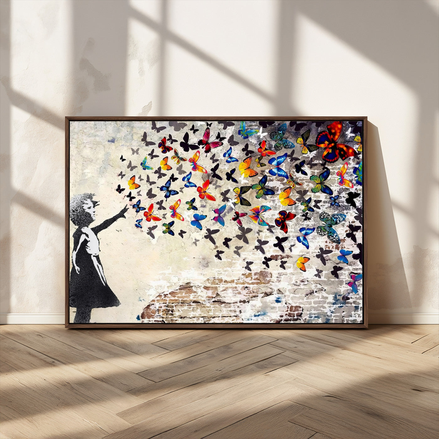 MGV-FC-36X24 - Banksy Graffiti Wall Art Canvas Print: Girl Releasing Vibrant Butterflies – Ready to Hang