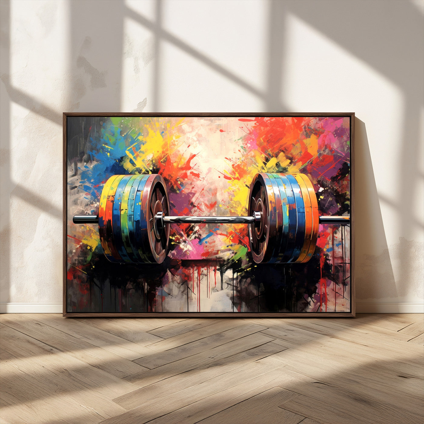 MGV-FC-36X24 - Weightlifting Barbell Art Triptych, Bold Abstract Fitness Wall Decor for Gym or Home, Giclee Canvas Print