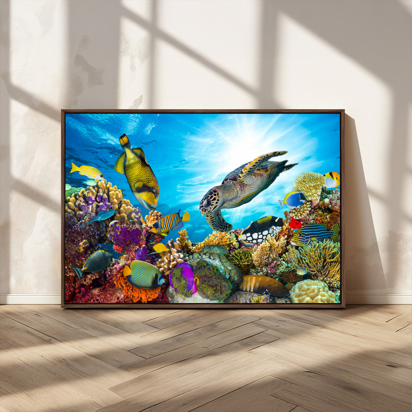 -Colorful Coral Reef and Sea Life Turtle Canvas Print, Underwater Tropical Ocean Wall Art for Home