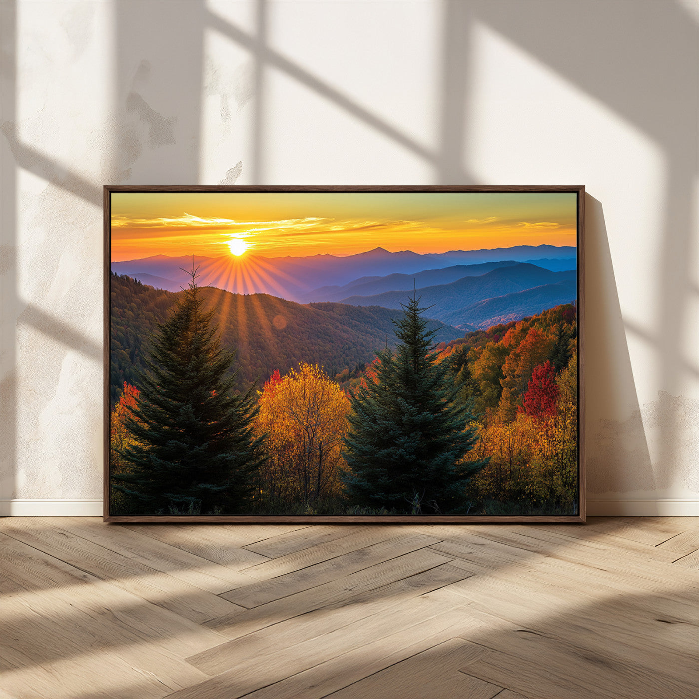 MGV-FC-36X24 - Golden Sunset Over Mountain Forest Canvas Wall Art Print - Warm Nature-Inspired Landscape for Living