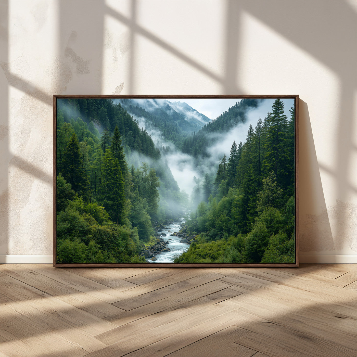 MGV-FC-36X24 - Mountain Forest River Canvas Wall Art Print - Serene Nature Landscape for Living Room, Office, or
