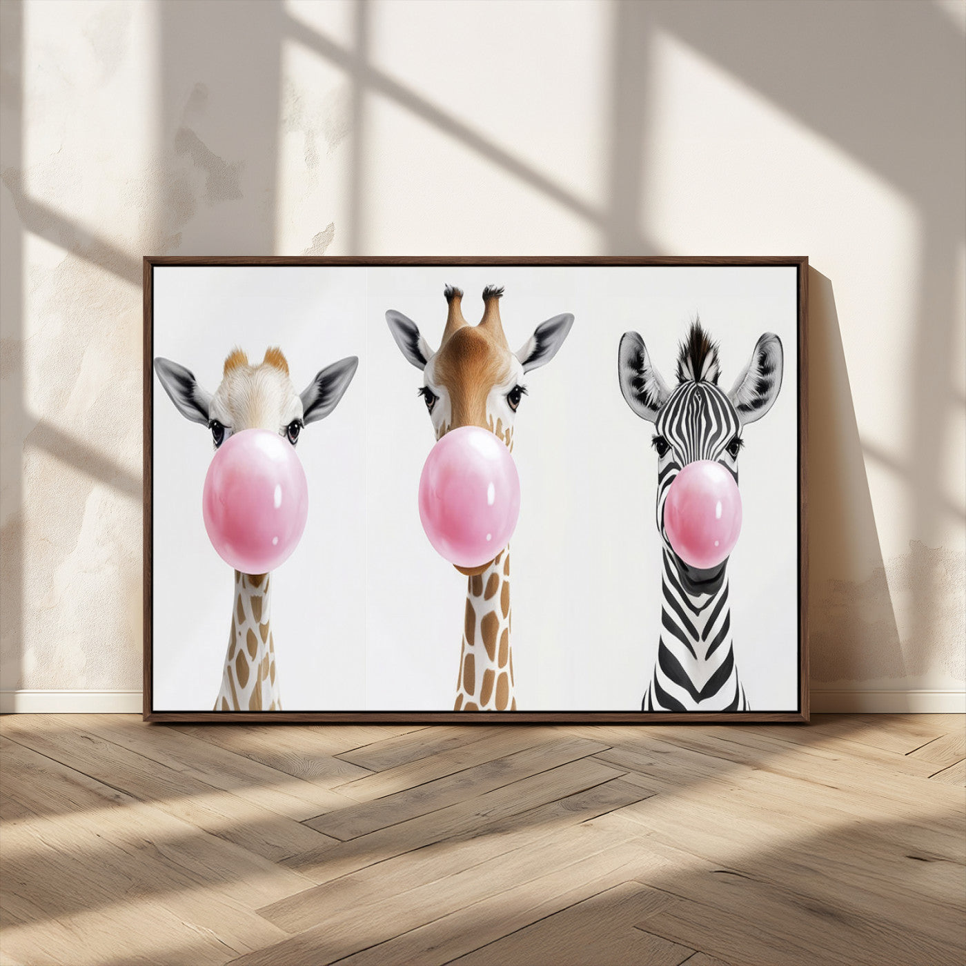 MGV-FC-36X24 - Bubblegum Animals Canvas Wall Art - Playful Giraffe and Zebra Trio, Fun Nursery Decor for Kids'