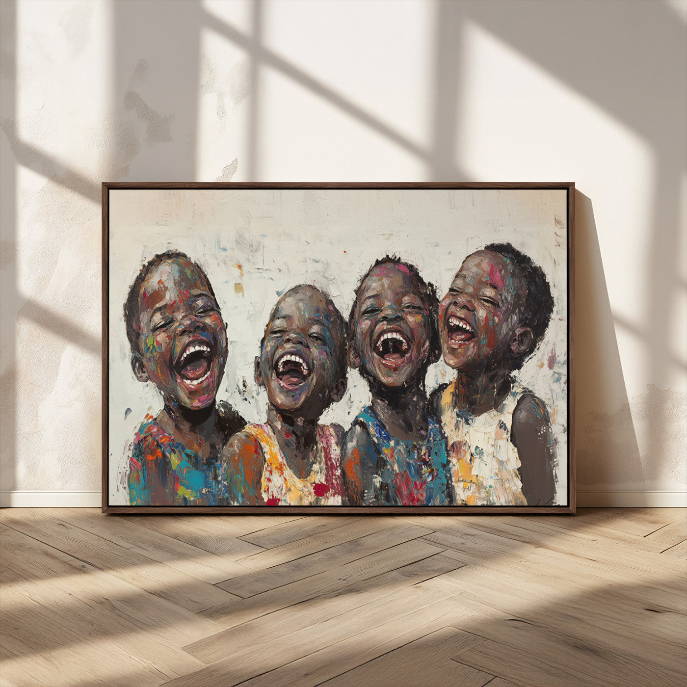 85256-MGV-CV-36X24-Shai Yossef Print - Joyful Childhood Canvas Wall Art - Expressive Impasto Painting of Laughing