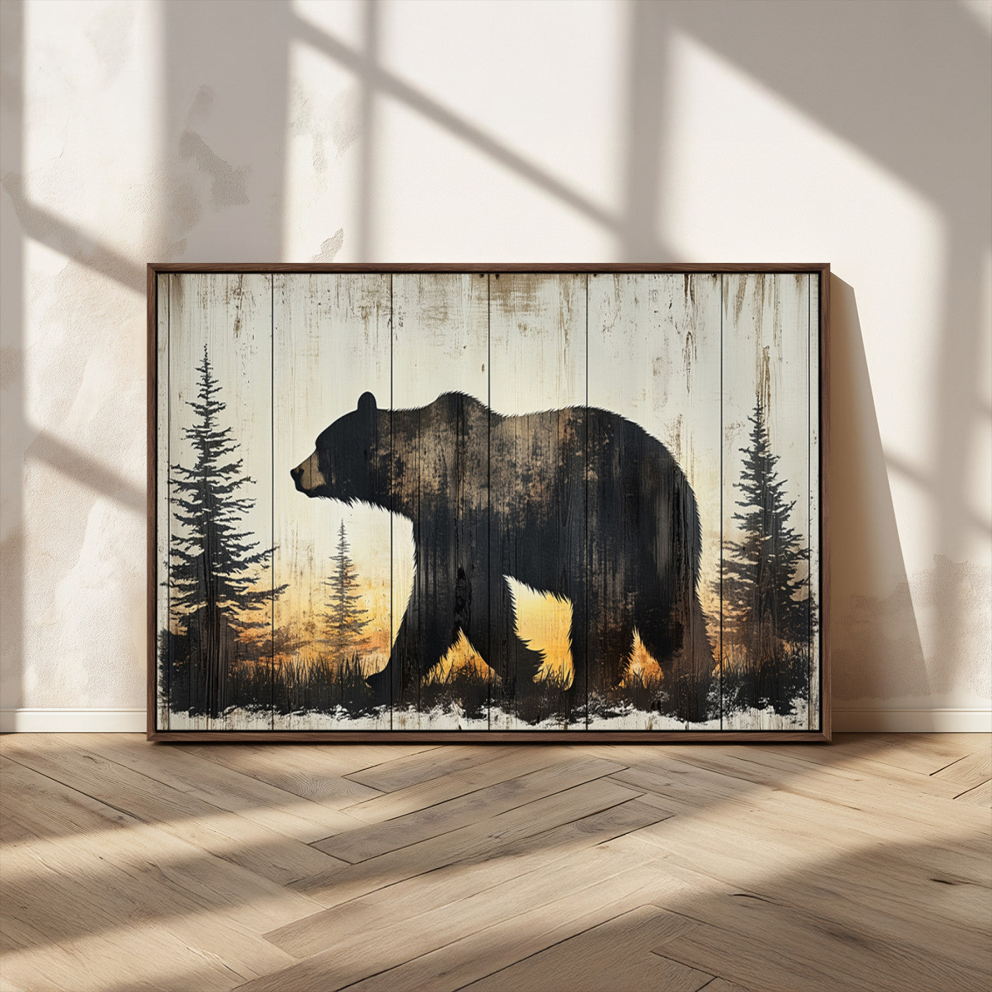 83875-MGV-CV-36X24-Vintage Bear Wall Art Canvas Print for Farmhouse - Mountain Wood Canvas Wall Art - Forest Silhouette
