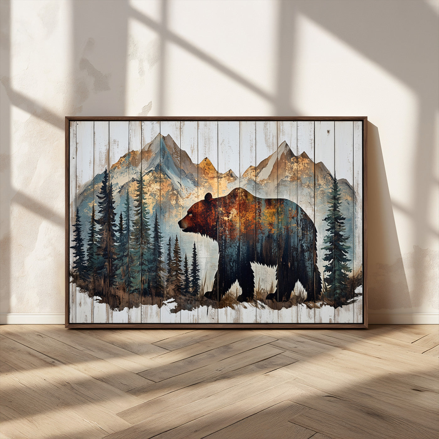55777-MGV-CV-36X24-Rustic Grizzly 399 Bear and Mountain Wood Canvas Wall Art - Framed Nature Artwork with Forest