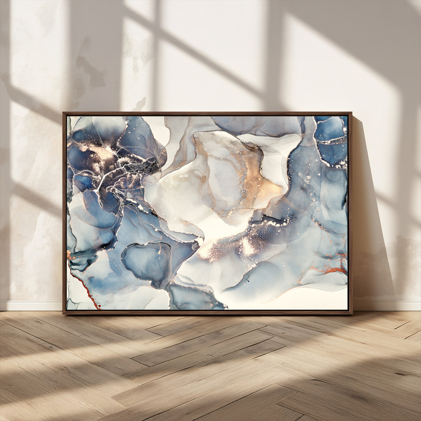 MGV-FC-36X24 - Abstract Blue and Gold Canvas Wall Art - Fluid Modern Ink Artwork - Modern Luxury Wall Decor for