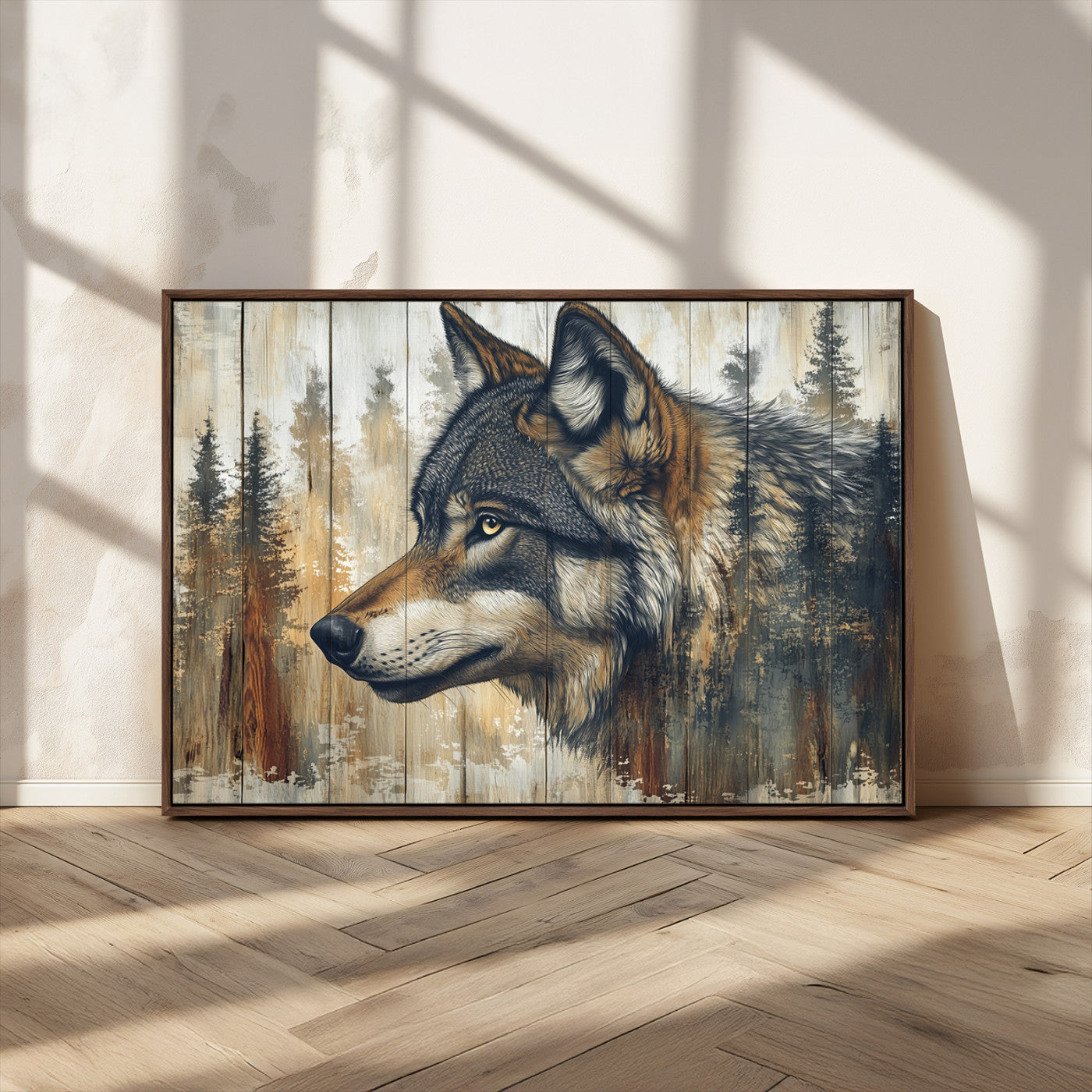 MGV-FC-36X24 - Rustic Wolf Wall Art Canvas Print, Vintage Woodland Wolf Wall Art