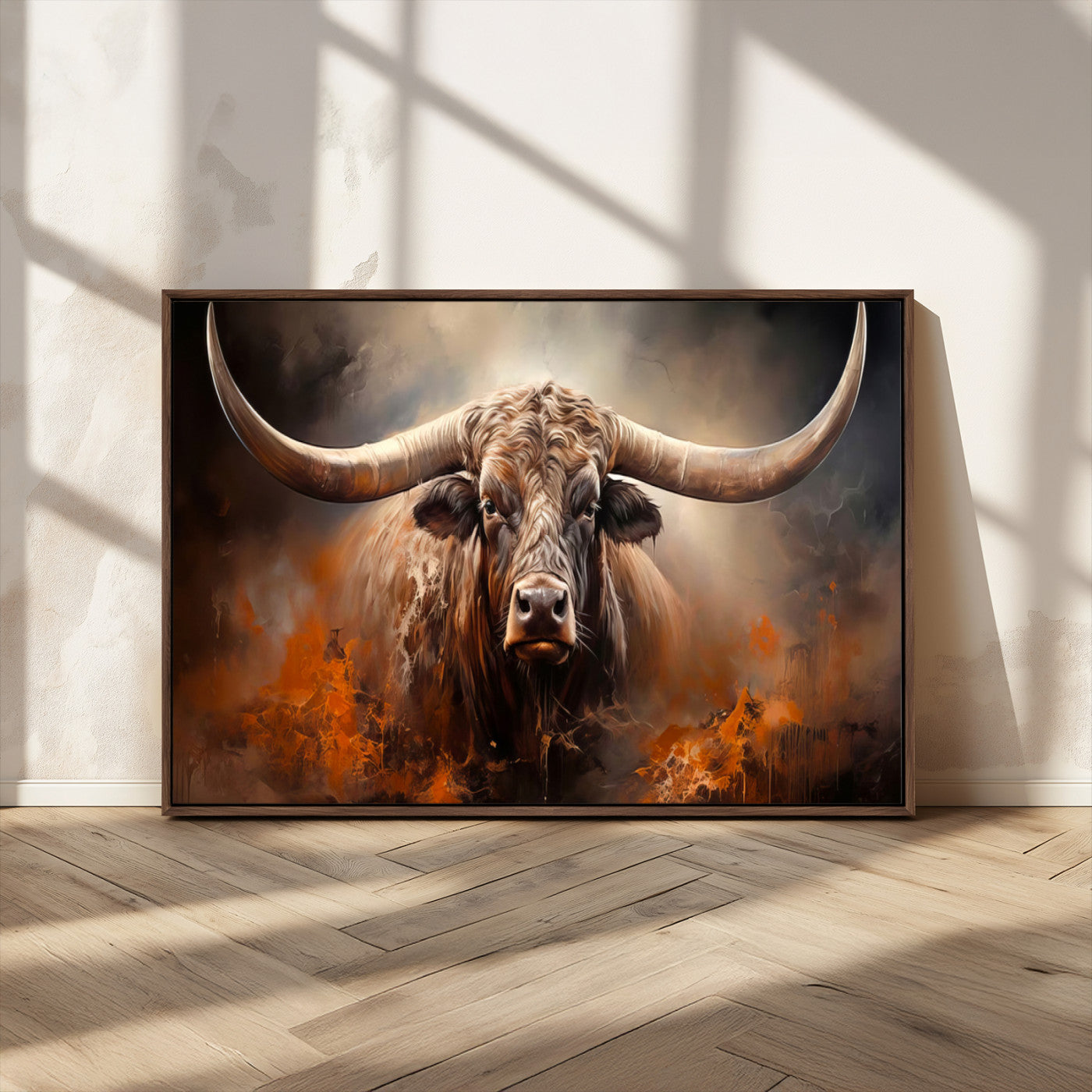MGV-FC-36X24 - Highland Bull Canvas Abstract Canvas Wall Art Print – Powerful Highland Bull with Striking Horns in