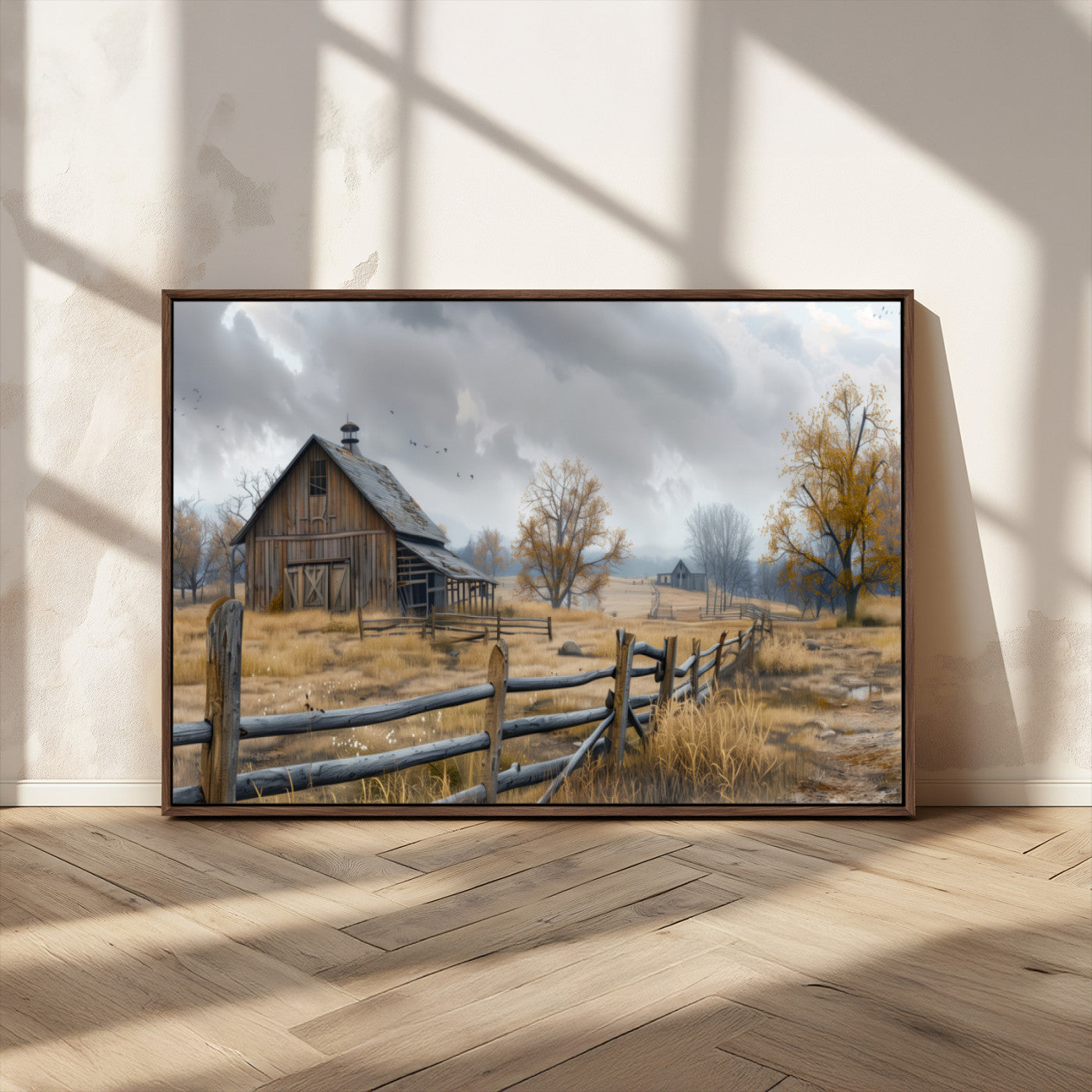 MGV-FC-36X24 - Rustic Autumn Farmhouse Wall Art Canvas Print – Serene Countryside Scene with Weathered Barn and