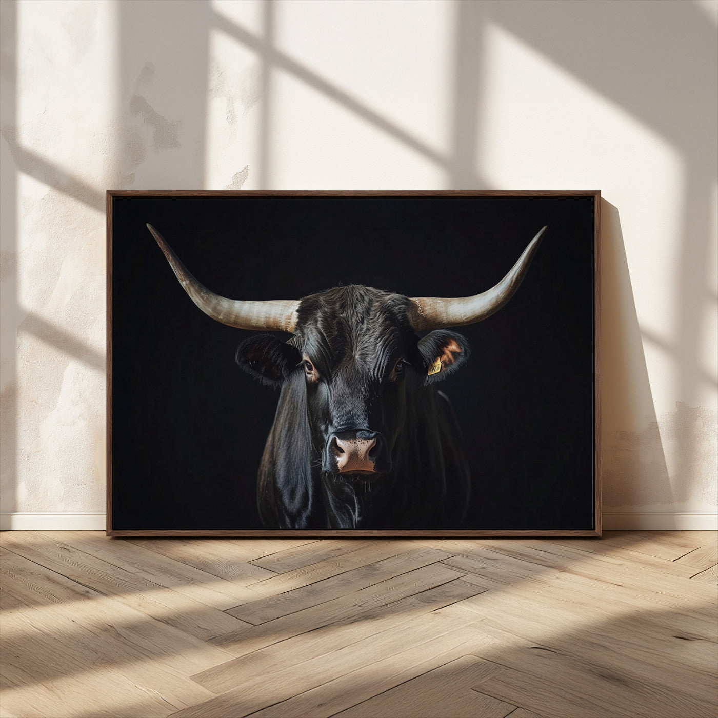 48065167-MGV-CV-36X24-Majestic Longhorn Bull Wall Art Canvas Print – Dark Background Western Ranch Portrait Artwork for Home, Office