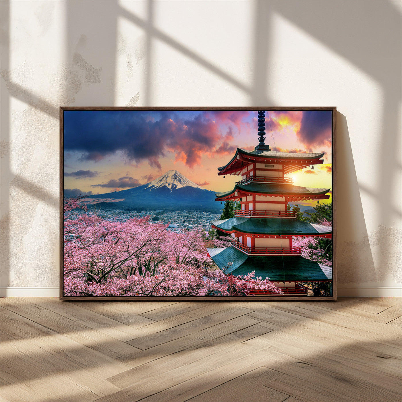 MGV-FC-36X24 - Mount Fuji & Cherry Blossom Wall Art Canvas Print – Iconic Japanese Landscape, Sakura Pagoda Sunset,