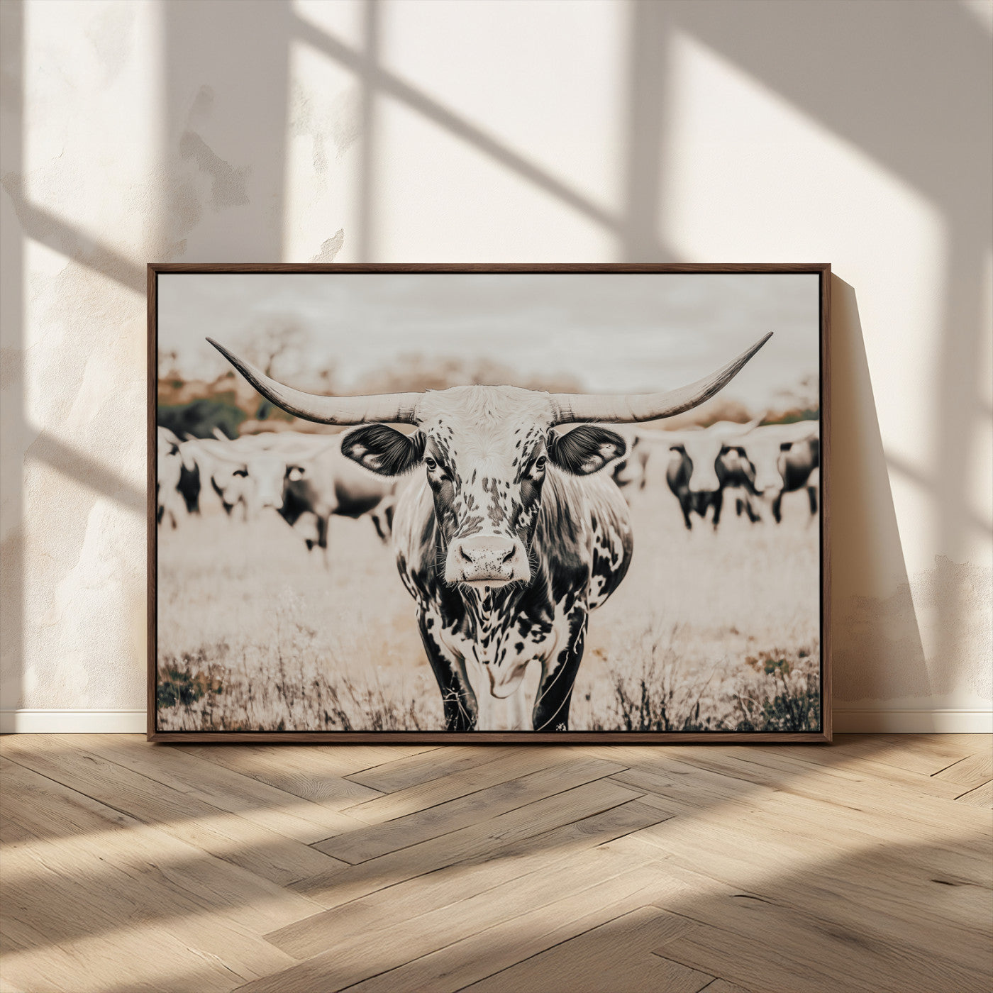 MGV-FC-36X24 - Texas Longhorn Wall Art Canvas Print, Framed Speckled Cow Art Picture Print, Horned Cattle Perfect Rustic Western Decor Artwork