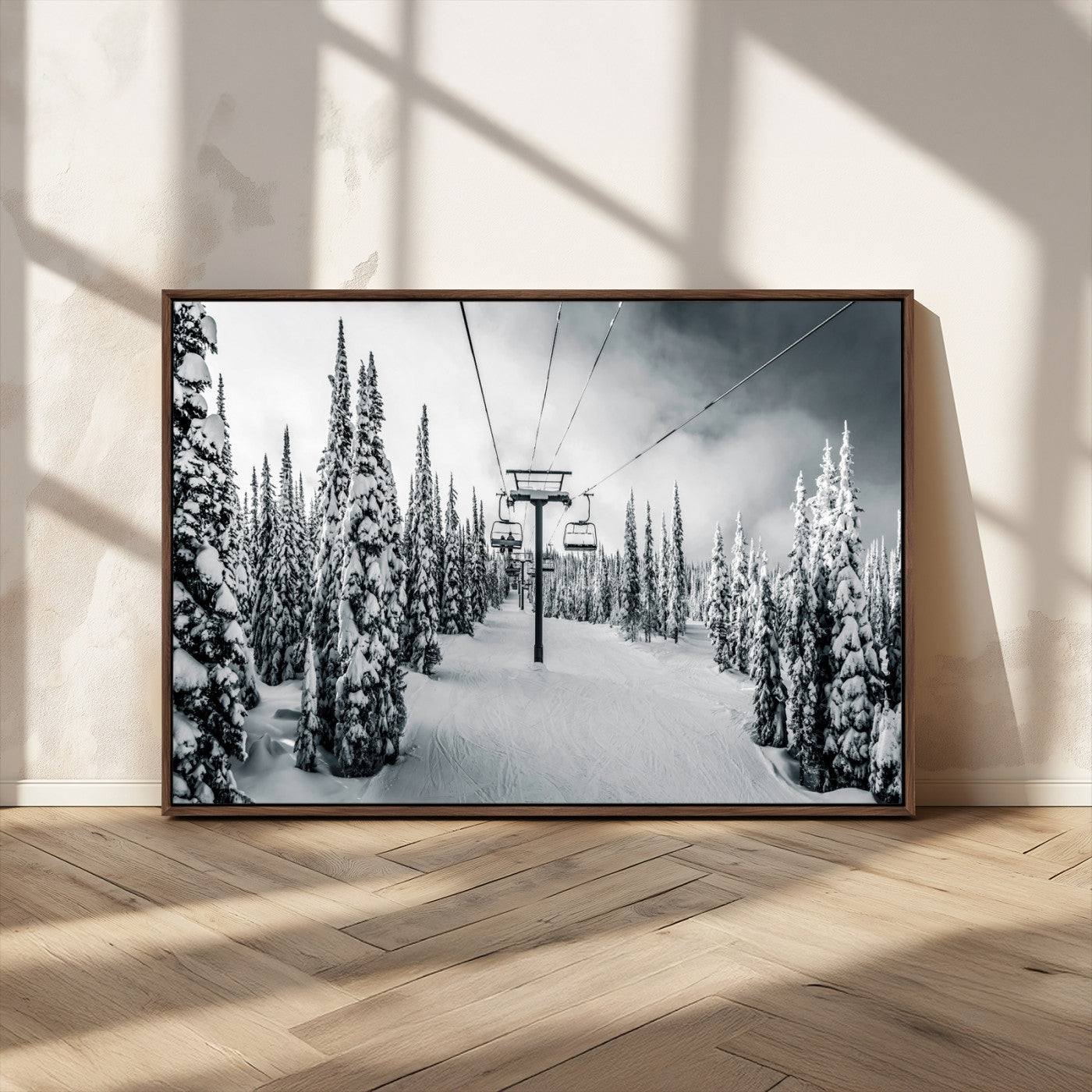 MGV-FC-36X24 - Snowy Pines Wall Art Canvas Print, Framed Ski Lift Art Picture Print, Winter Forest Perfect Moody Lodge Decor Artwork