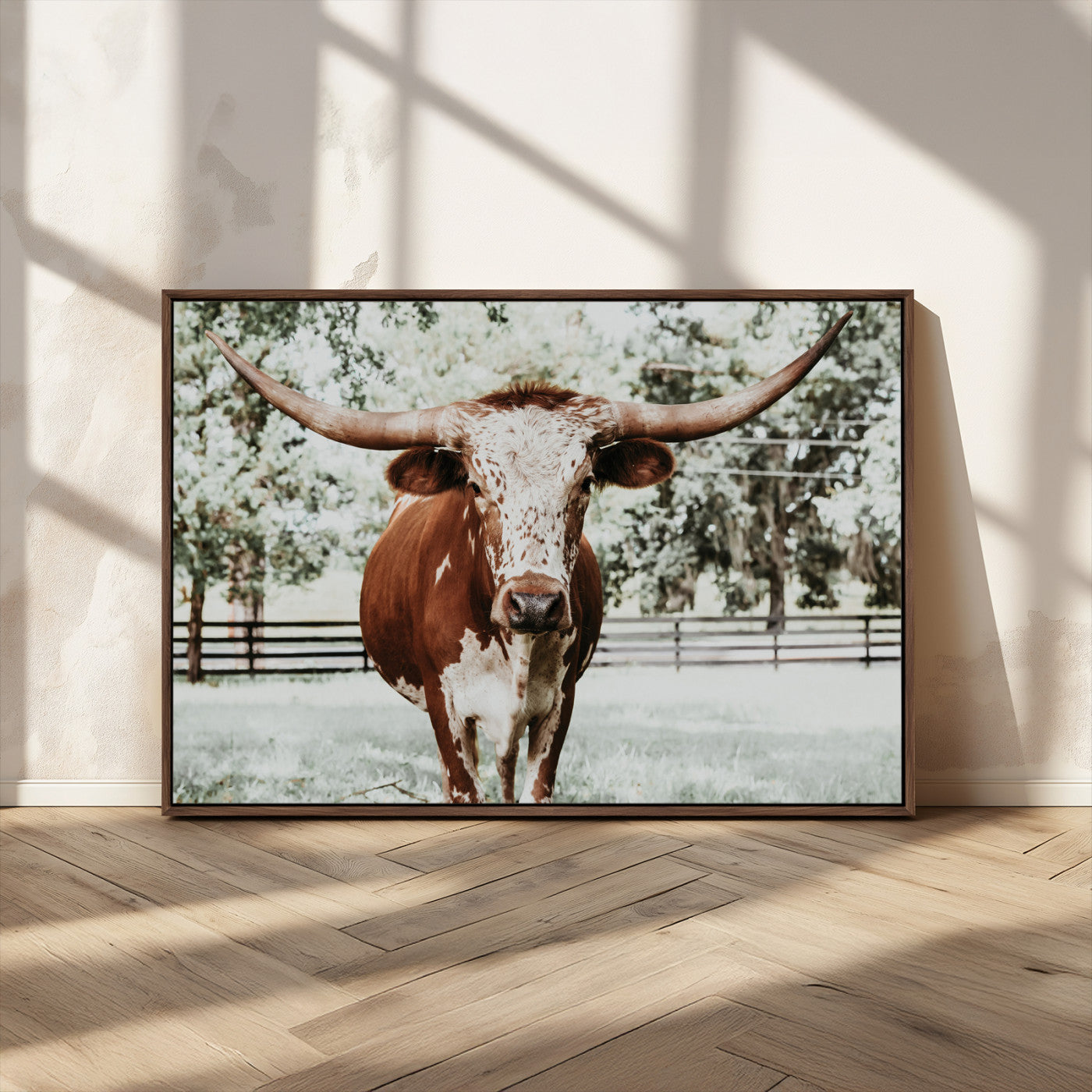 MGV-FC-36X24 - Texas Longhorn Wall Art Canvas Print, Framed Spotted Cow Art Picture Print, Horned Cattle Perfect Rustic Western Decor Artwork
