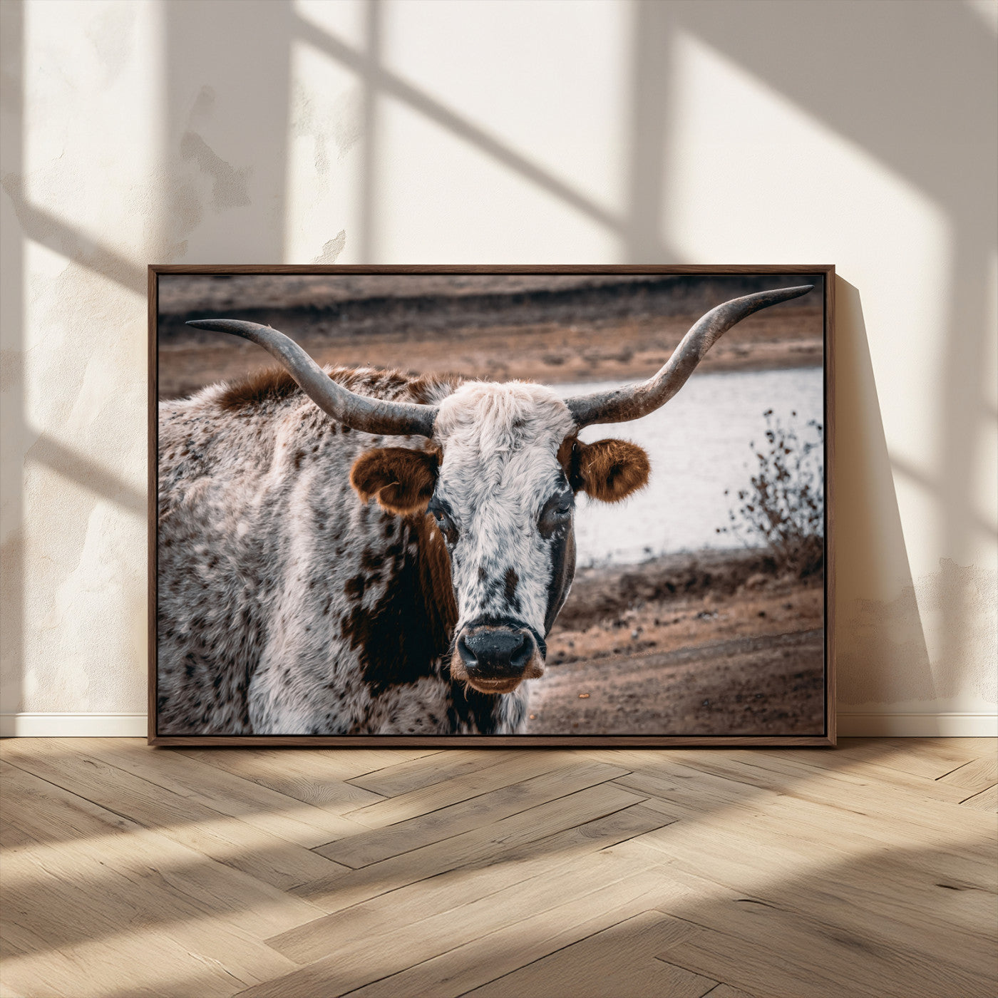 MGV-FC-36X24 - Texas Longhorn Wall Art Canvas Print, Framed Spotted Cow Art Picture Print, Horned Cattle Perfect Rustic Western Decor Artwork