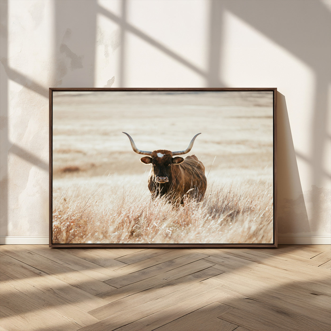 MGV-FC-36X24 - Texas Longhorn Wall Art Canvas Print, Framed Brown Cattle Art Picture Print, Horned Bull Perfect Rustic Western Decor Artwork