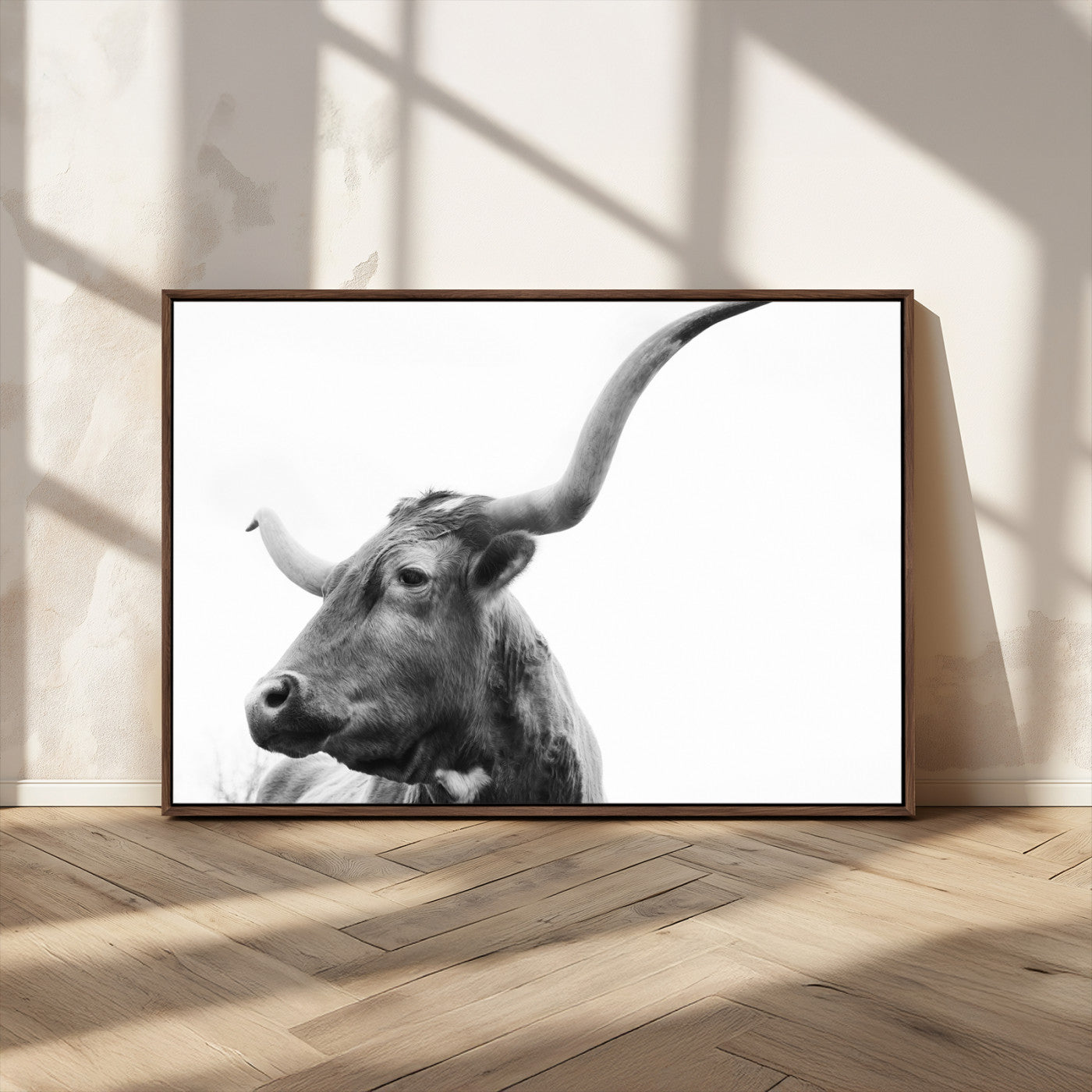 MGV-FC-36X24 - Longhorn Wall Art Wall Art Canvas Print, Framed Modern Ranch Style Art Art Picture Print, Monochrome Cow Print Perfect Rustic Western Decor Artwork