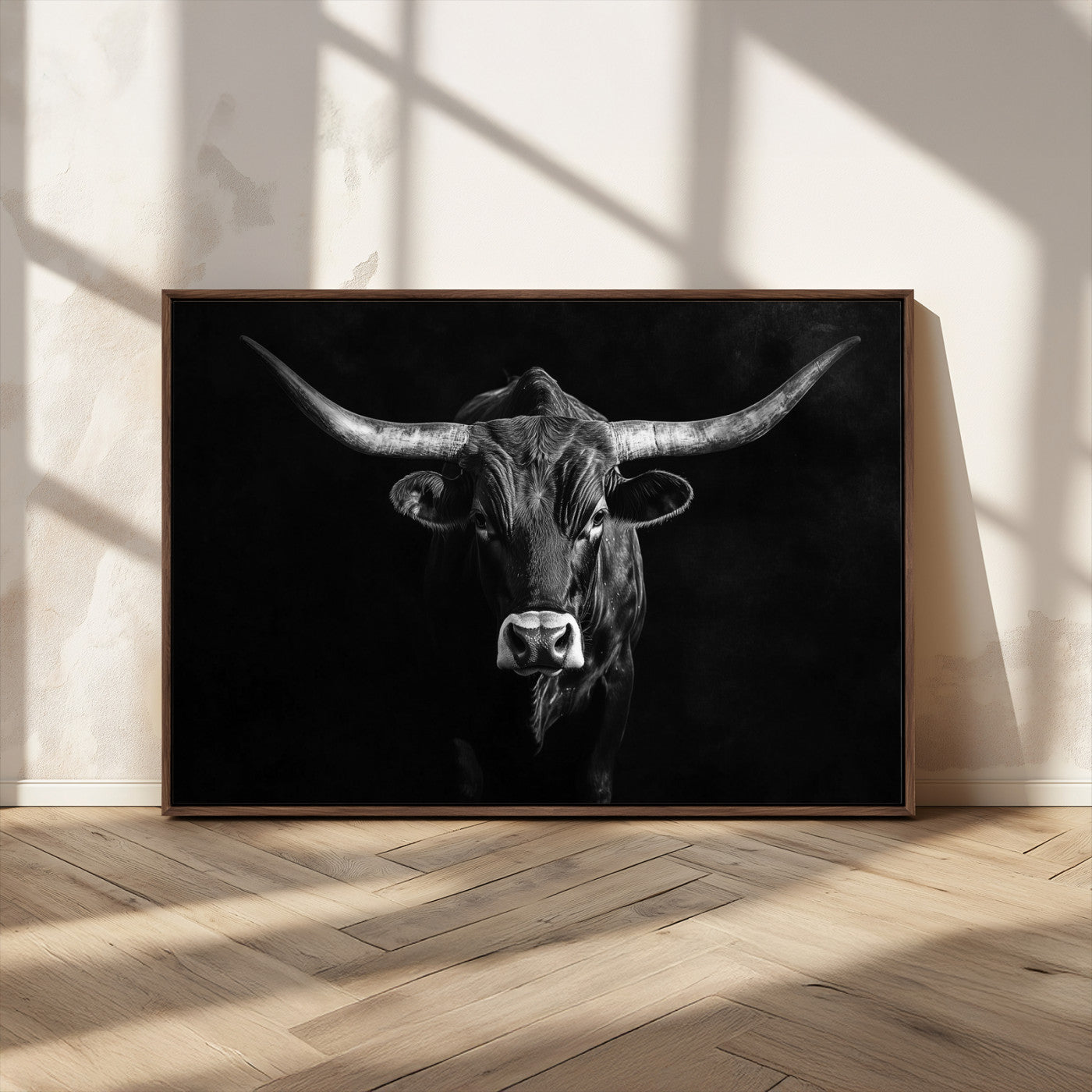 MGV-FC-36X24 - Texas Longhorn Wall Art Canvas Print, Framed Monochrome Bull Art Picture Print, Horned Bull Perfect Rustic Western Decor Artwork