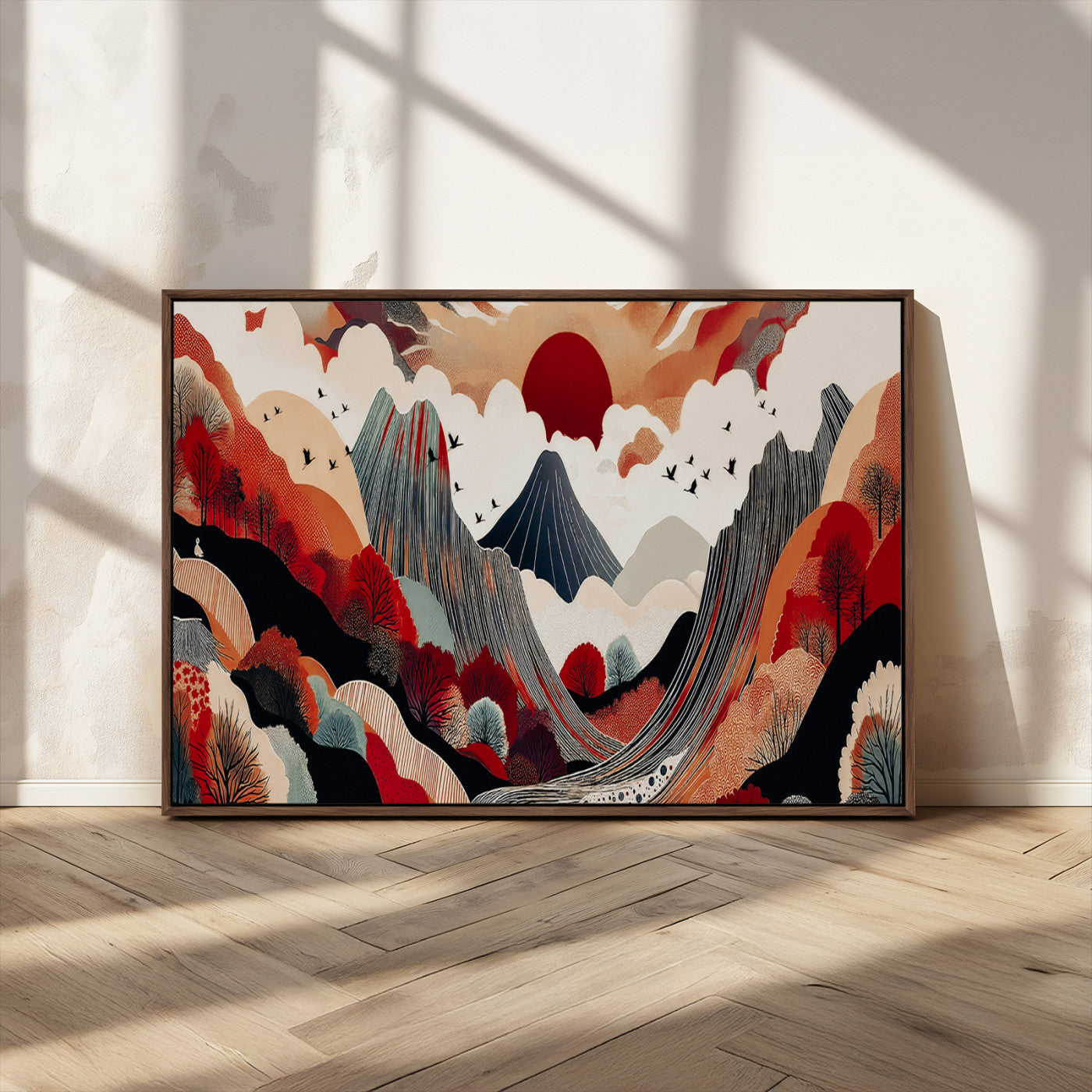 MGV-FC-36X24 - Abstract Mountain Wall Art Canvas Print, Framed Vibrant Landscape Art Picture Print, Stylized Nature Drawing Perfect Contemporary Minimalist Decor Artwork