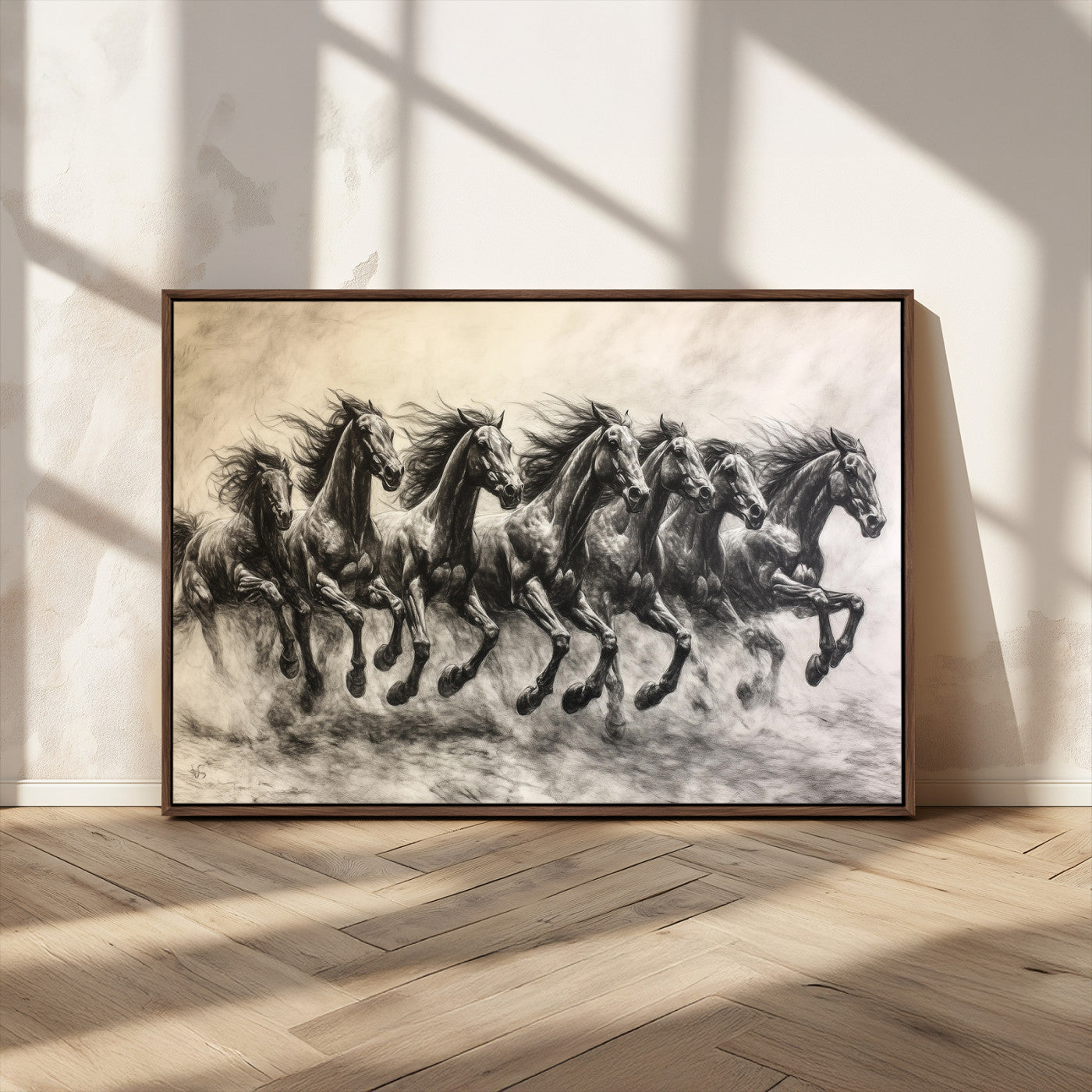 MGV-FC-36X24 - Galloping Horses Wall Art Canvas Print, Framed Wild Stallions Art Picture Print, Horse Herd Sketch Perfect Monochrome Dynamic Decor Artwork