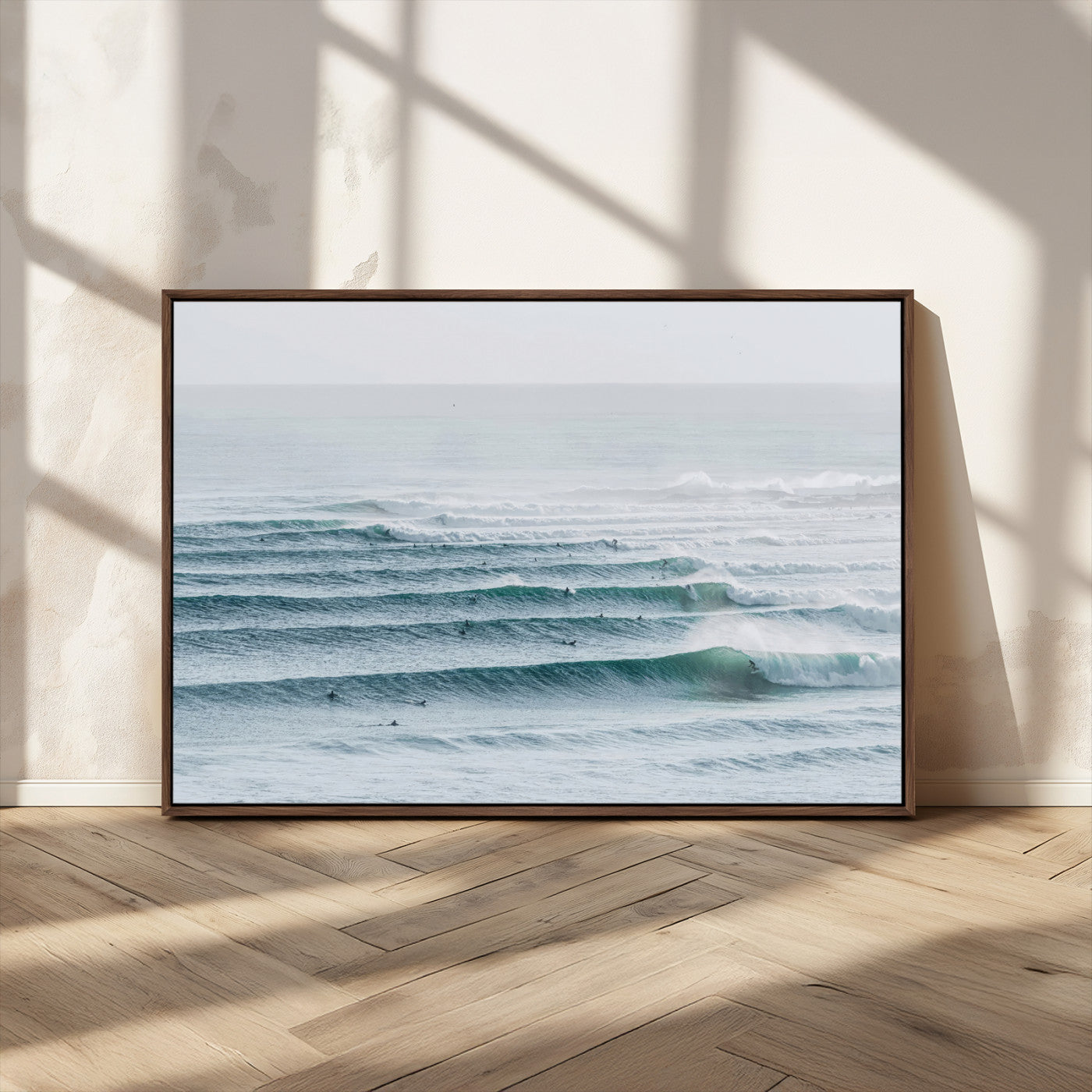 MGV-FC-36X24 - Ocean Waves Wall Art Canvas Print, Framed Surfer Lineup Art Picture Print, Crowded Ocean Perfect Minimal Coastal Decor Artwork