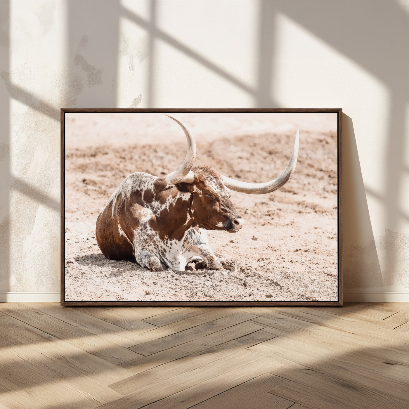 MGV-FC-36X24 - Texas Longhorn Wall Art Canvas Print, Framed Resting Bull Art Picture Print, Spotted Cattle Perfect Rustic Western Decor Artwork